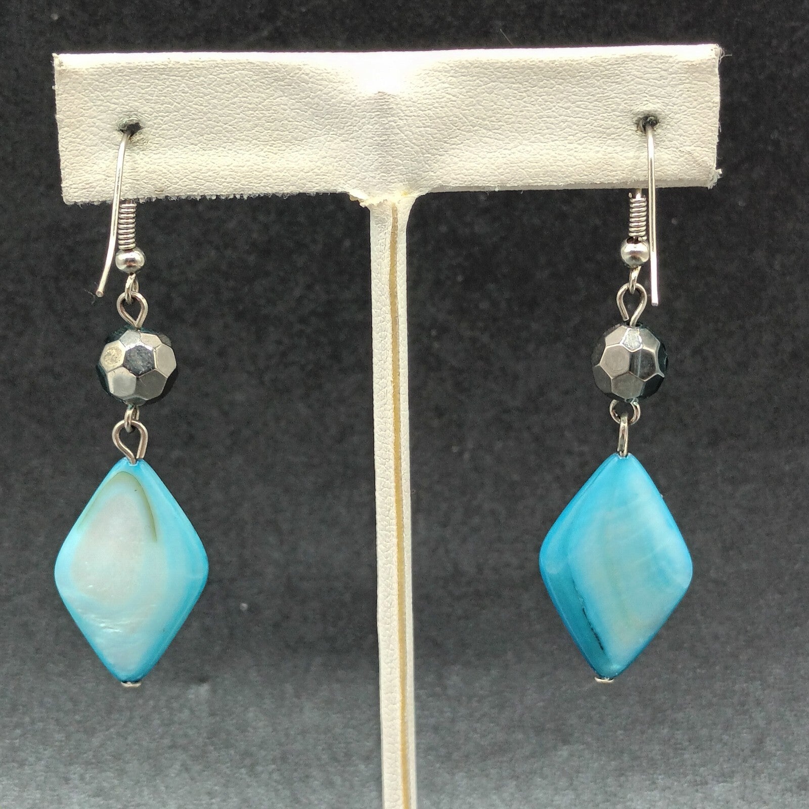 Pierced Earrings Silver tone Hook Blue Shell Geometric Beaded Dangle 1 5/8"