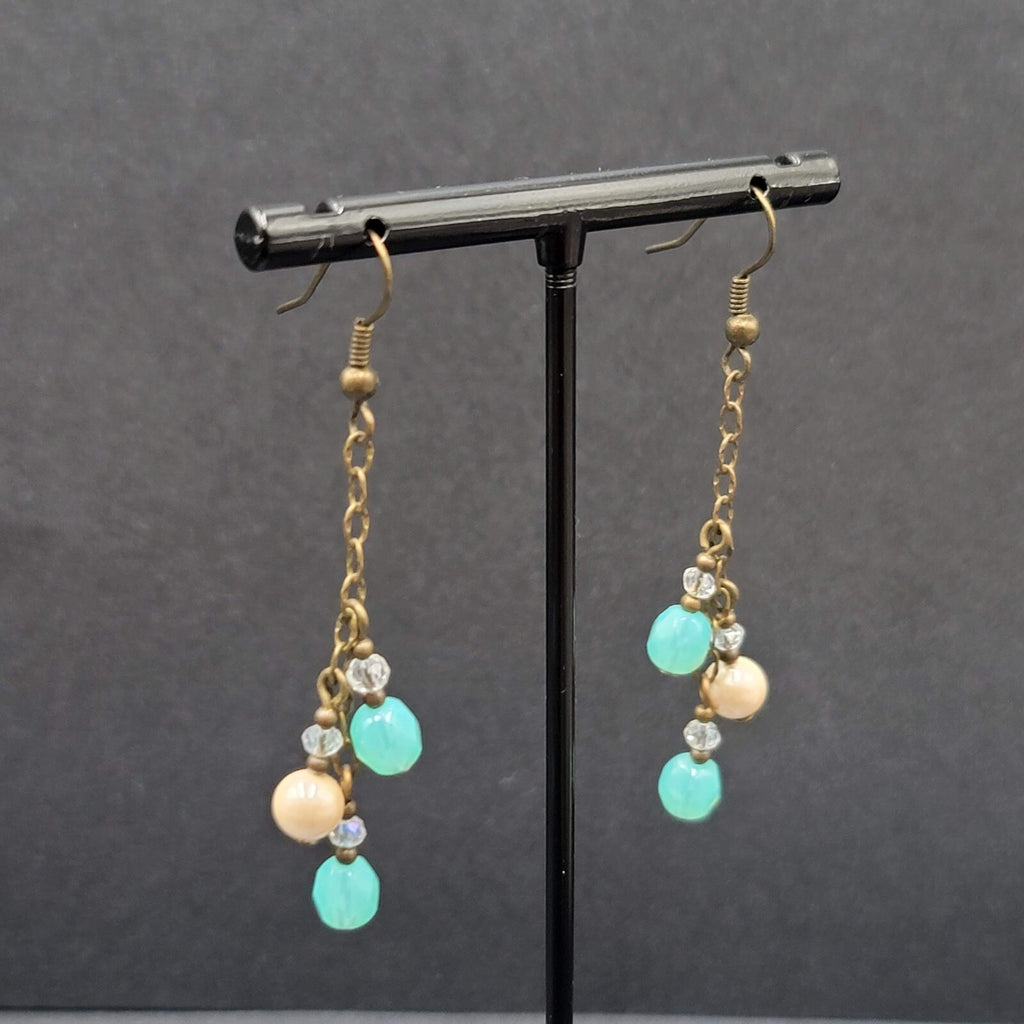 Pierced Earrings Bronze tone Blue Glass Bead Dangle Chains 1.75"