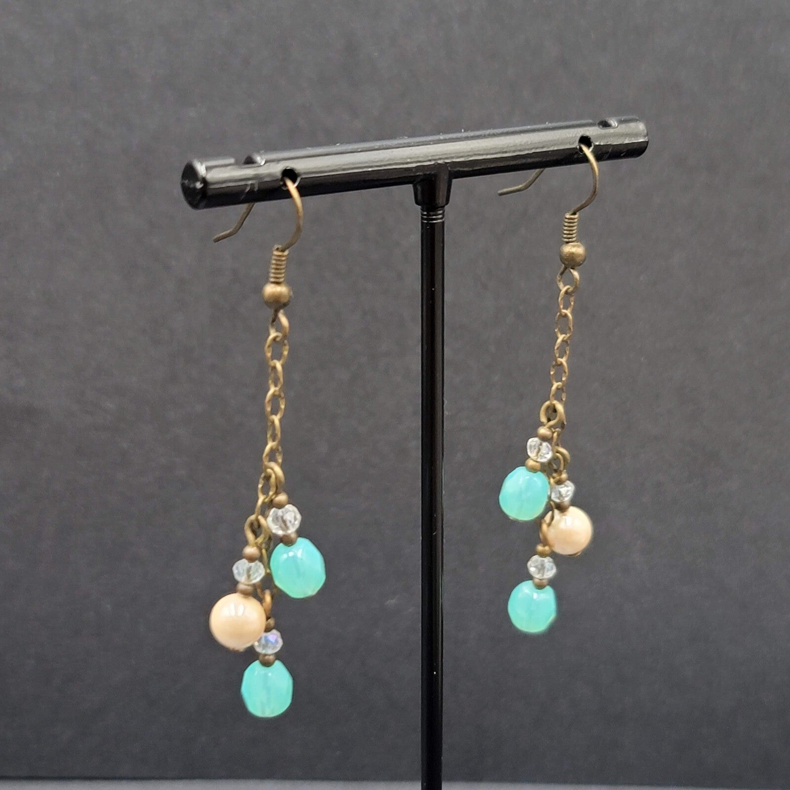 Pierced Earrings Bronze tone Blue Glass Bead Dangle Chains 1.75"