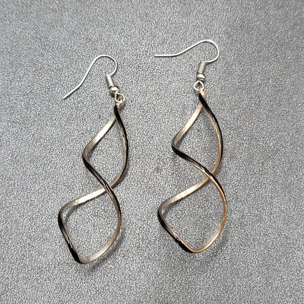 Pierced Earrings Silver tone Twist Black Enamel Long Dangle 2.25"