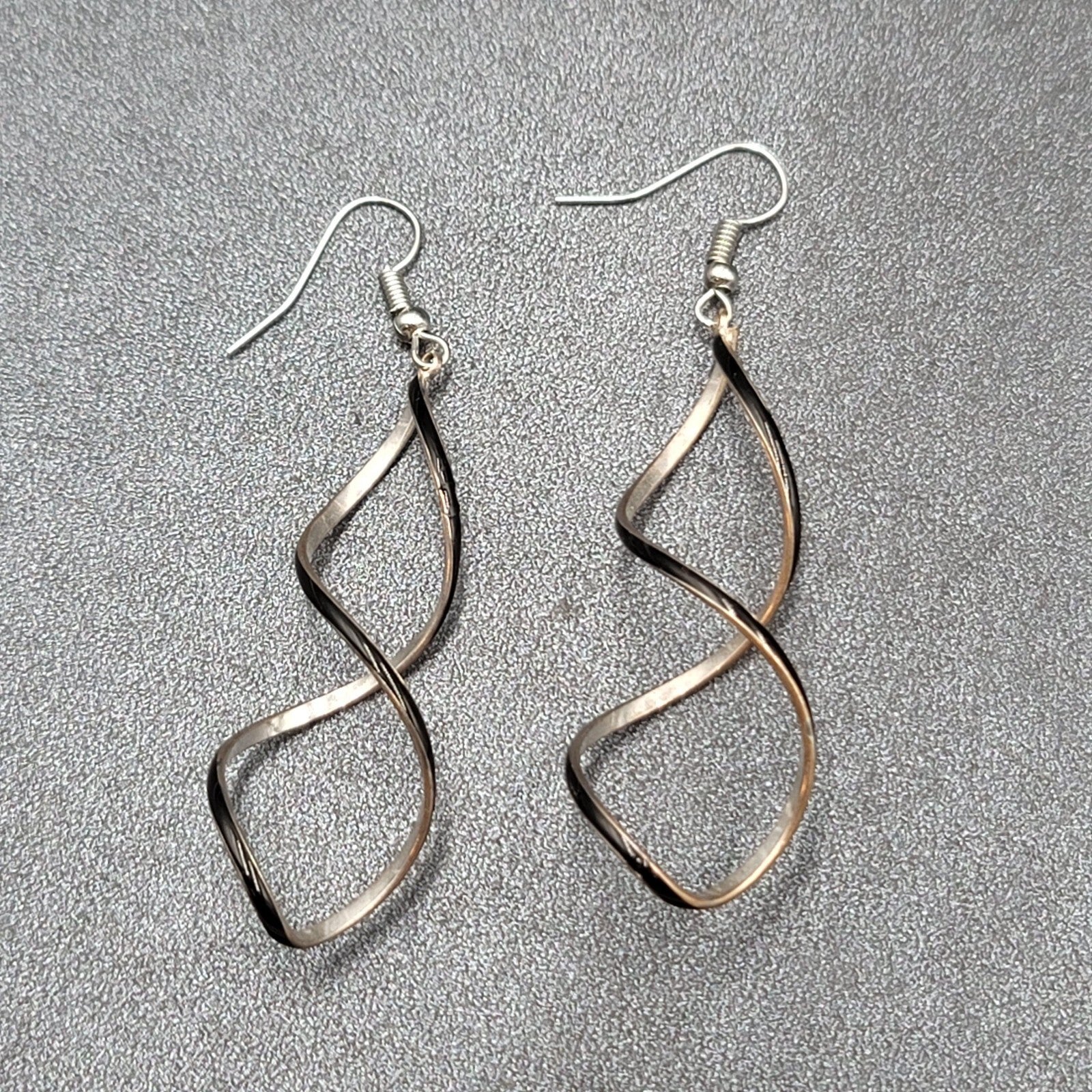 Pierced Earrings Silver tone Twist Black Enamel Long Dangle 2.25"