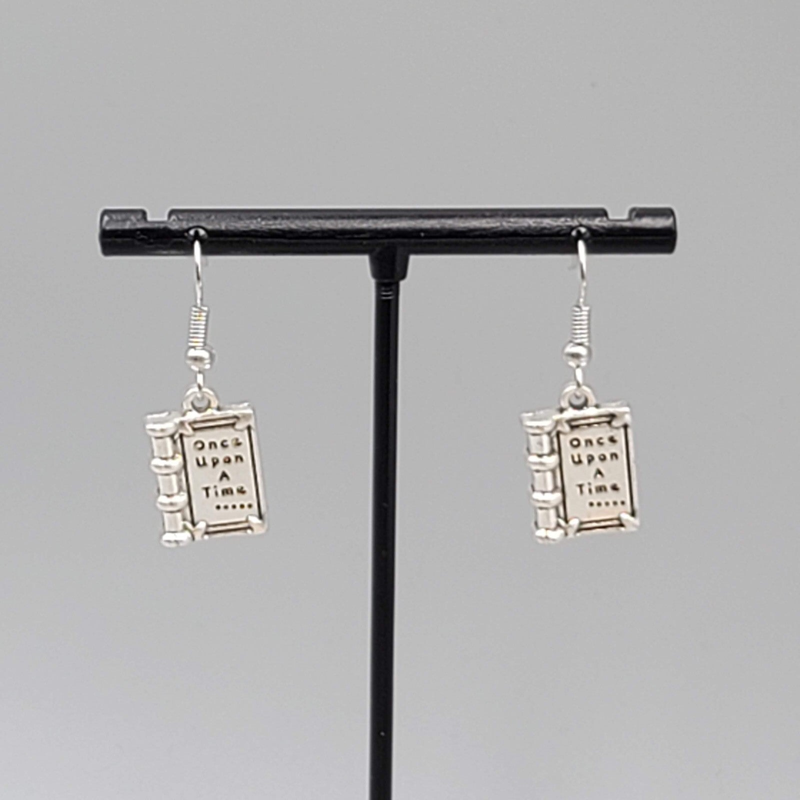Book Pierced Earrings Once Upon a Time Silver tone Dangle NEW 5/8"