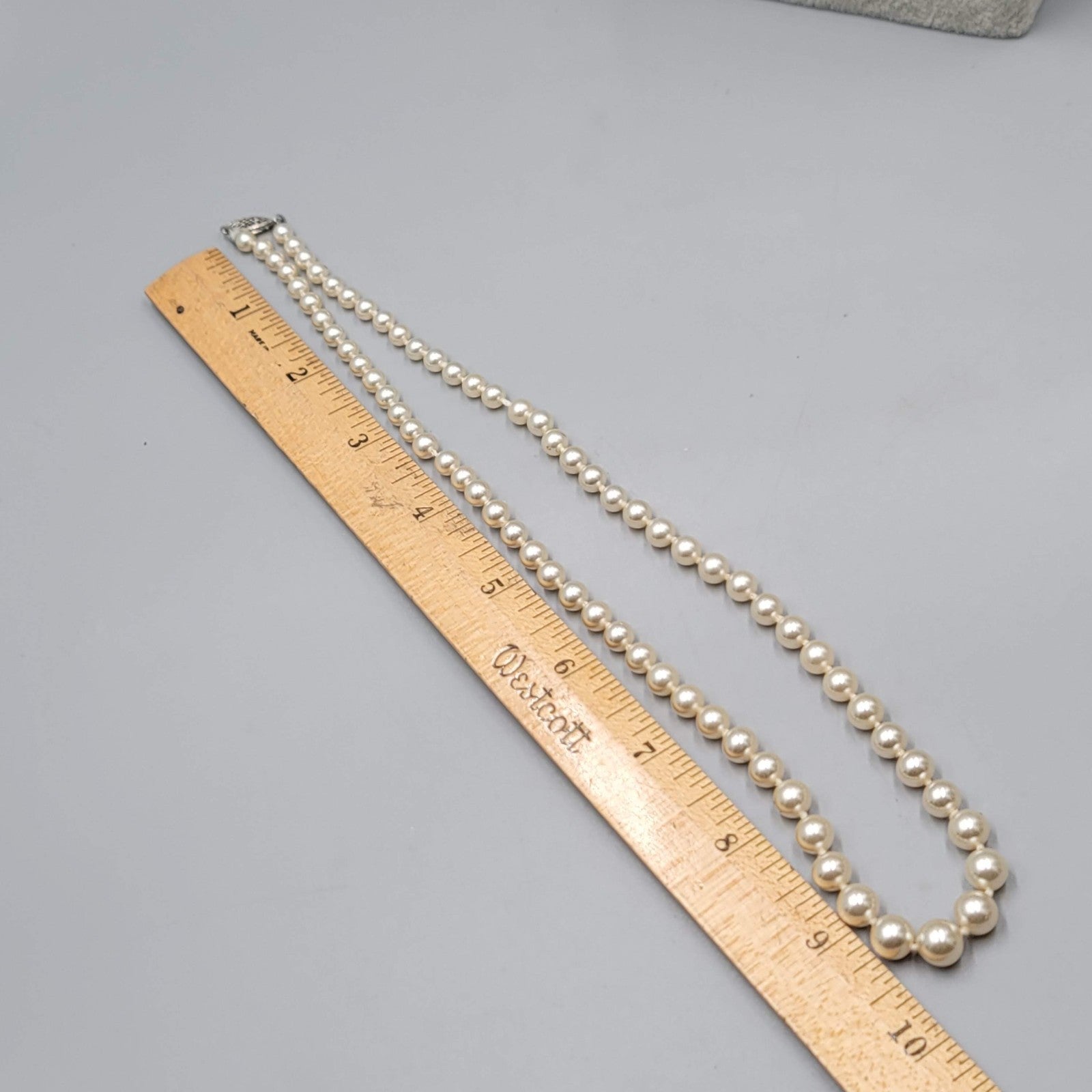 Vintage Graduated Faux Pearl Necklace Filigree Clasp Silver tone 20"