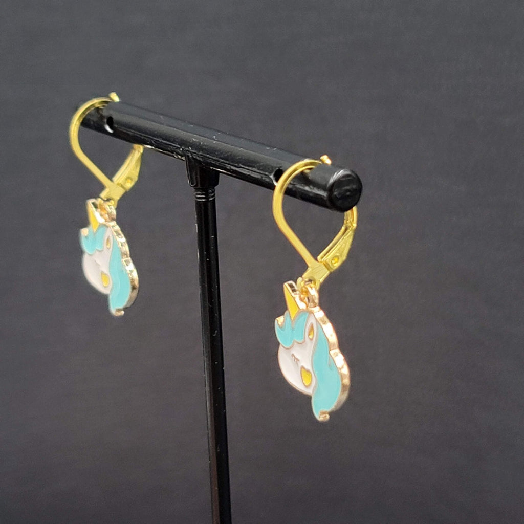 New Unicorn Pierced Earrings Blue Enamel Dangle Gold tone 5/8"