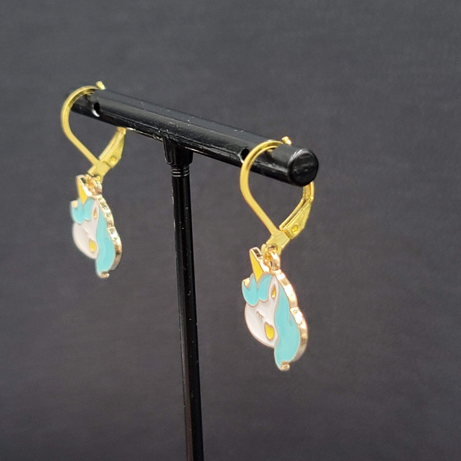 New Unicorn Pierced Earrings Blue Enamel Dangle Gold tone 5/8"