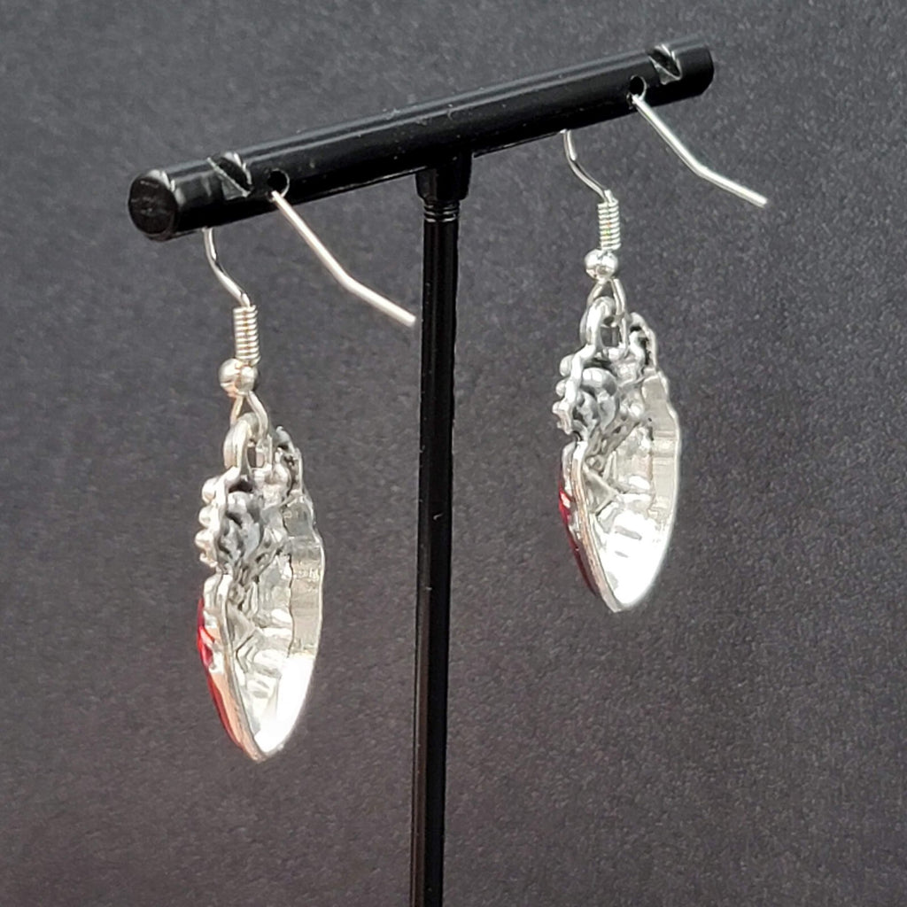 New Anatomical Heart Pierced Earrings Silver tone Red Goth Rock Dangle 1"