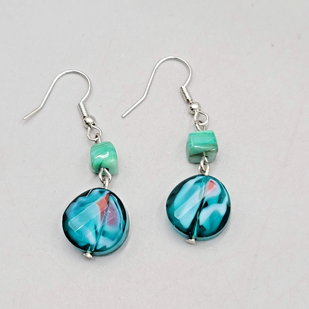 Blue and Green Art Glass Beads Pierced Earrings Silver tone Dangle 1.25 in