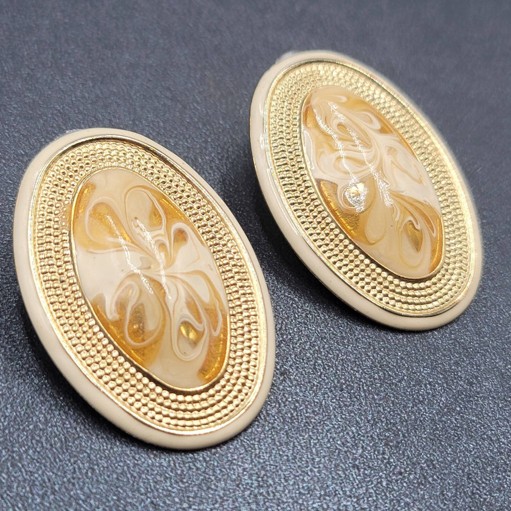 Vintage Pierced Earrings Gold tone Cream Swirl Enamel Long Oval Statement 1.75"