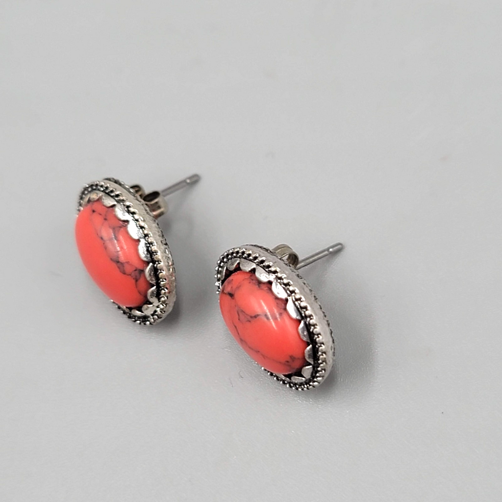 Stud Pierced Earrings Southwest Silver tone Oval Red Cabochon 1/2"