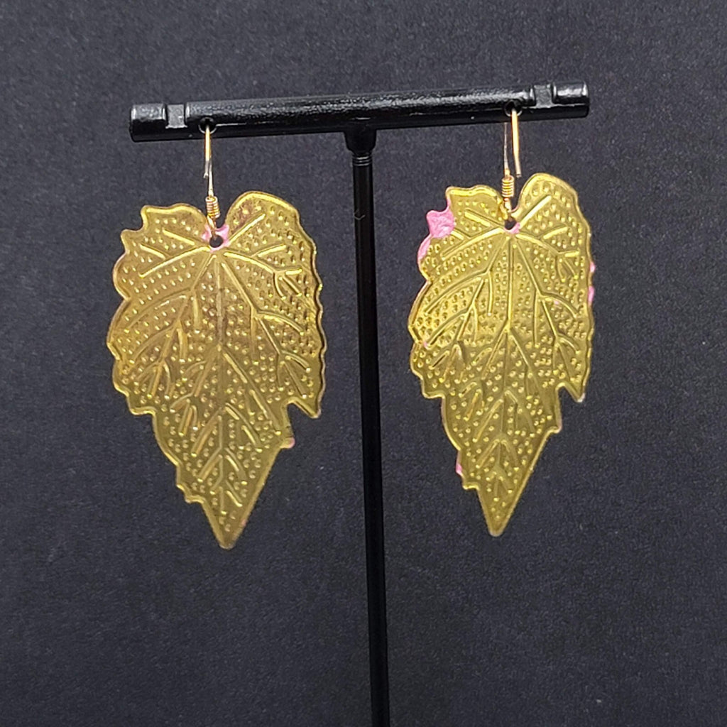Pierced Earrings Gold tone Large Pink Dangle Leaves Statement 2"