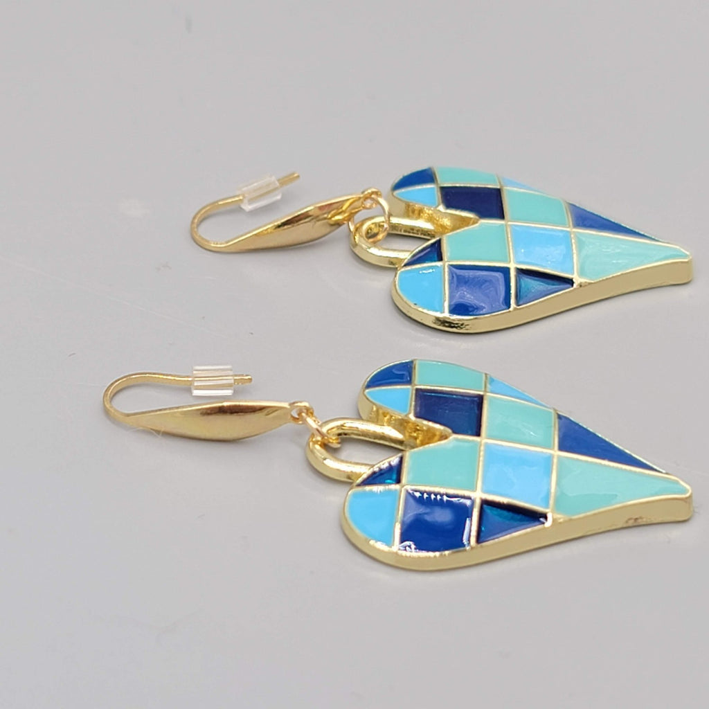 Blue Enamel Checkered Heart Pierced Earrings Gold tone Dangle Large 1.5"