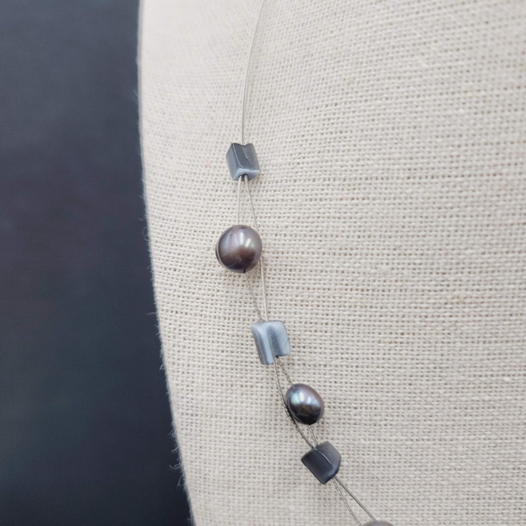 Multi Strand Pearl Station Floating Beads Necklace 18"