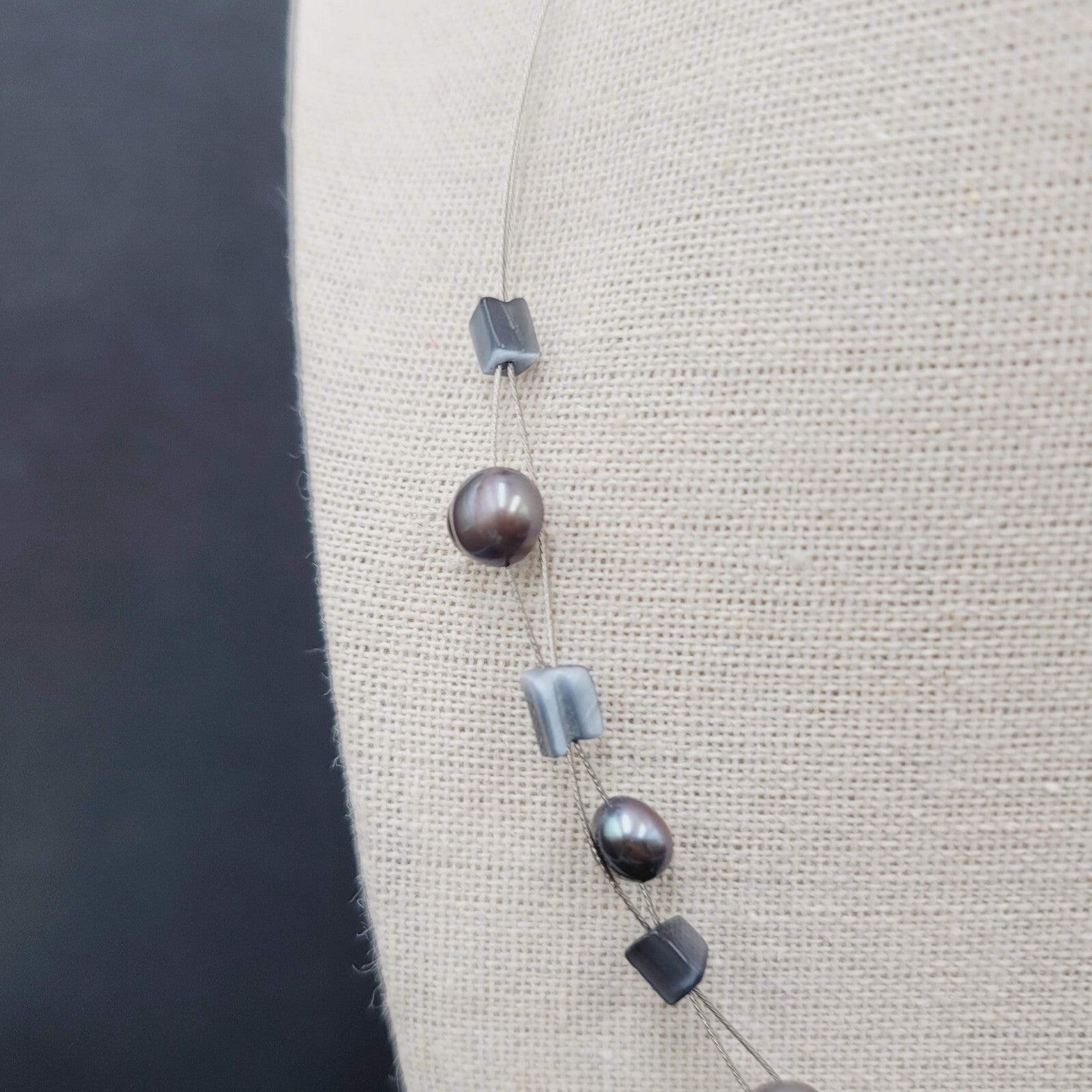 Multi Strand Pearl Station Floating Beads Necklace 18"