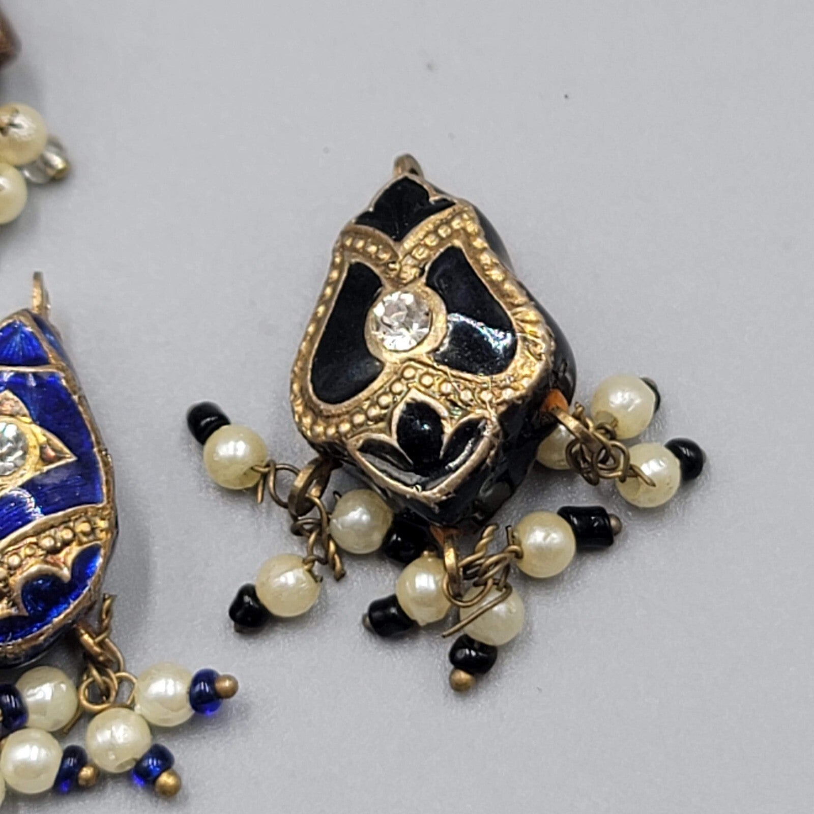 Lot of 4 Multicolor Enamel Guilloche Faux Pearl Dangle Pendants Charms 1"