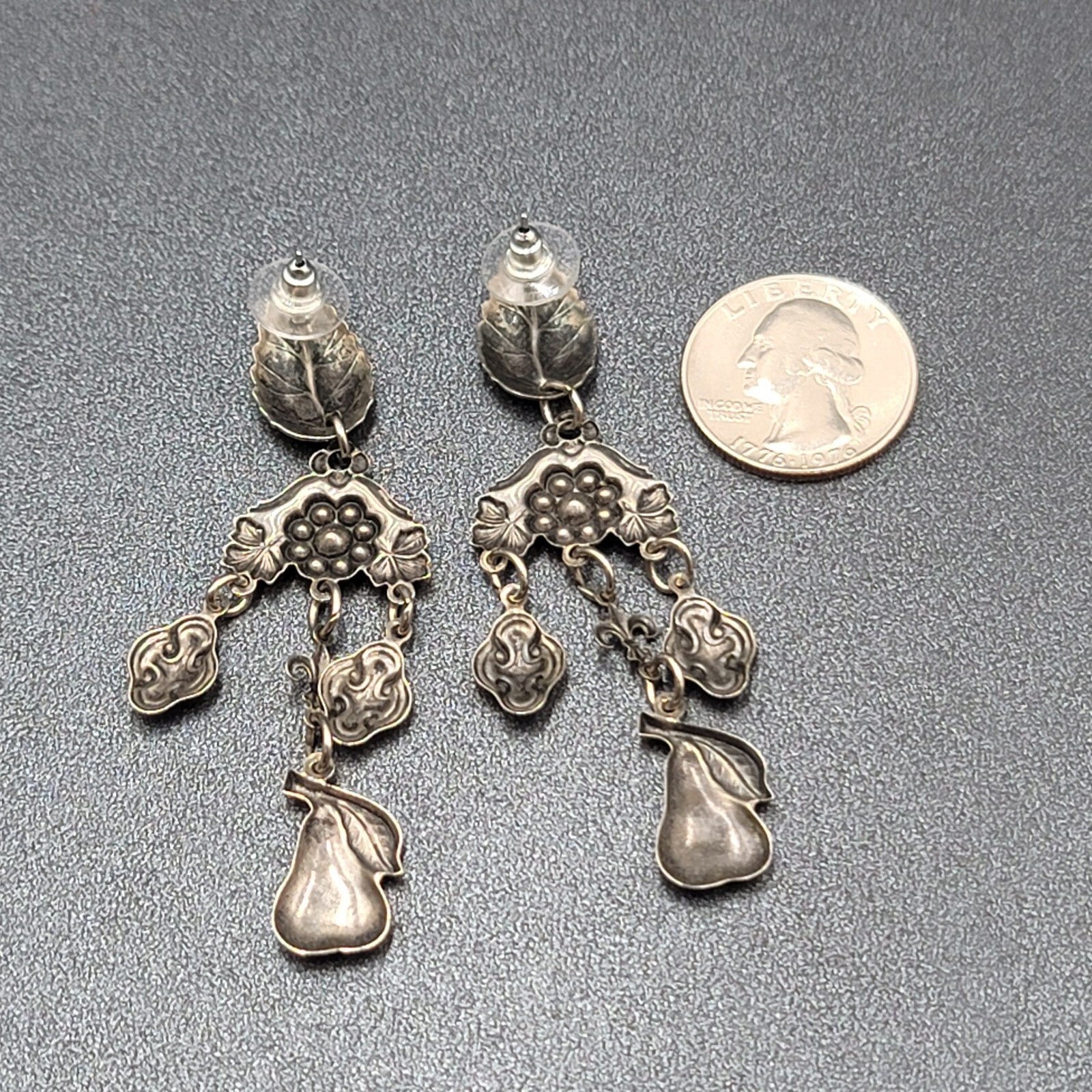 Vintage Pierced Earrings Silver tone Fruit Flowers Leaves Rhinestone 3"