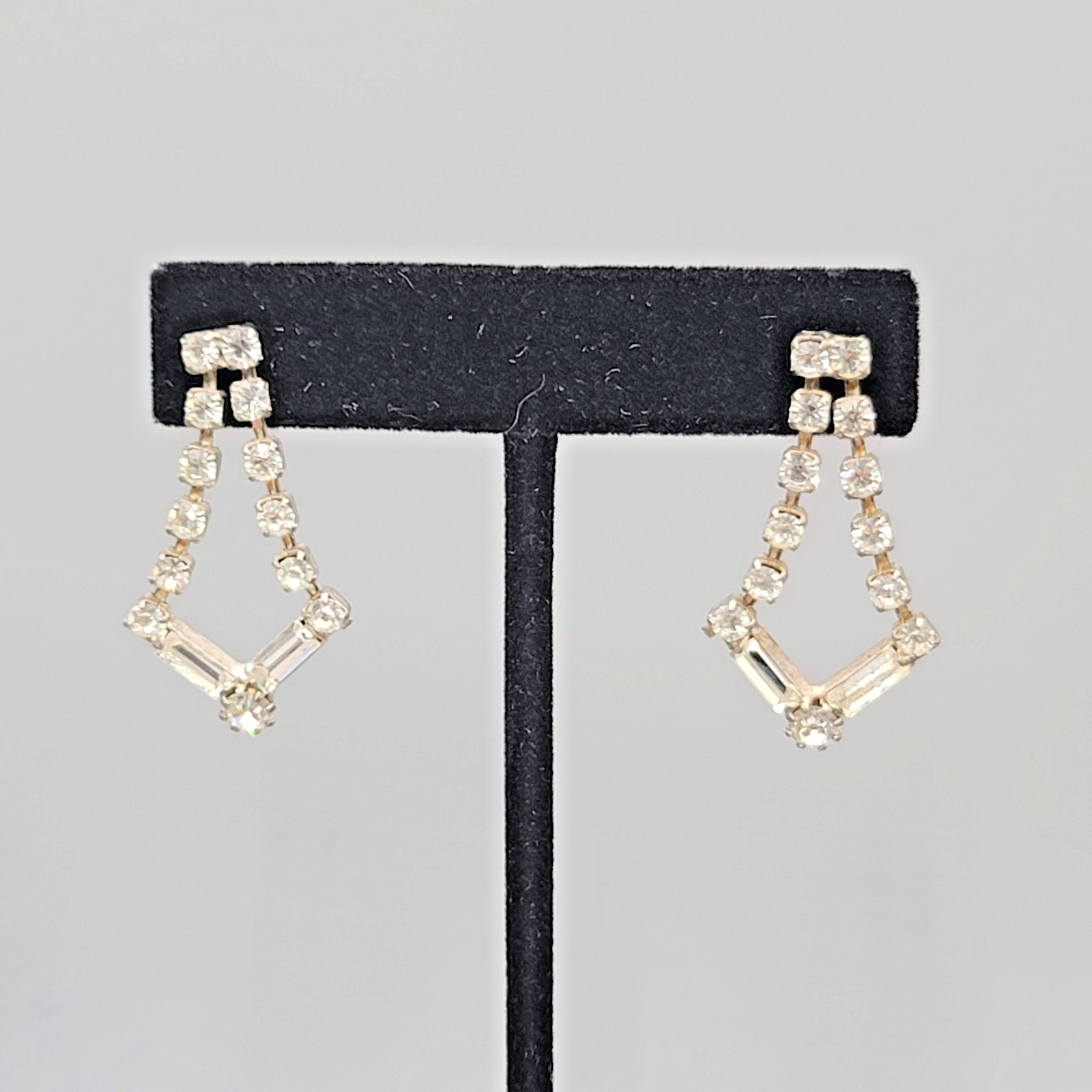 Vintage Clear Rhinestone Pierced Earrings Silver tone Dangle Open Work 1.25 in