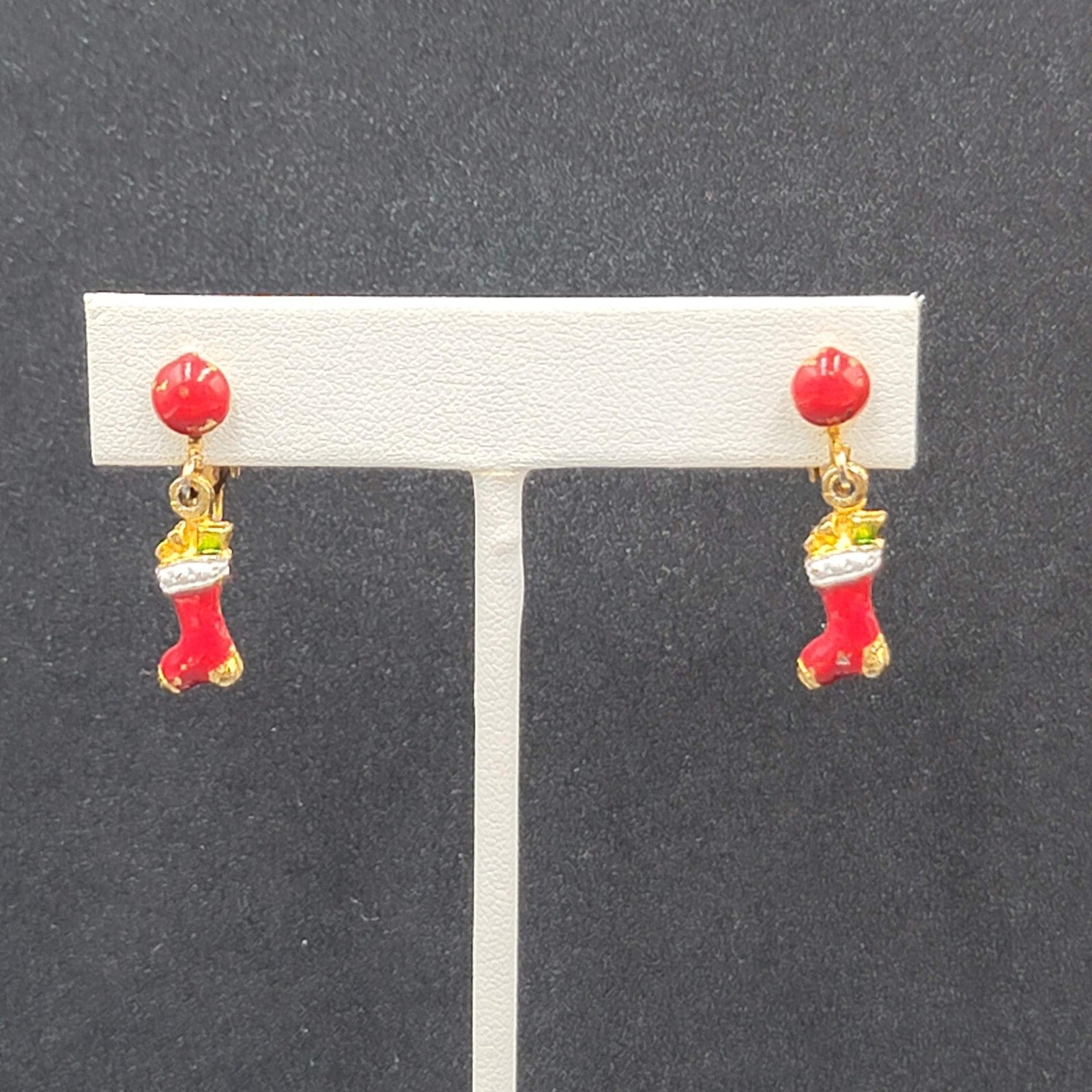 Vintage Christmas Clip on Earrings Gold tone Enamel Stocking Dangle 1"