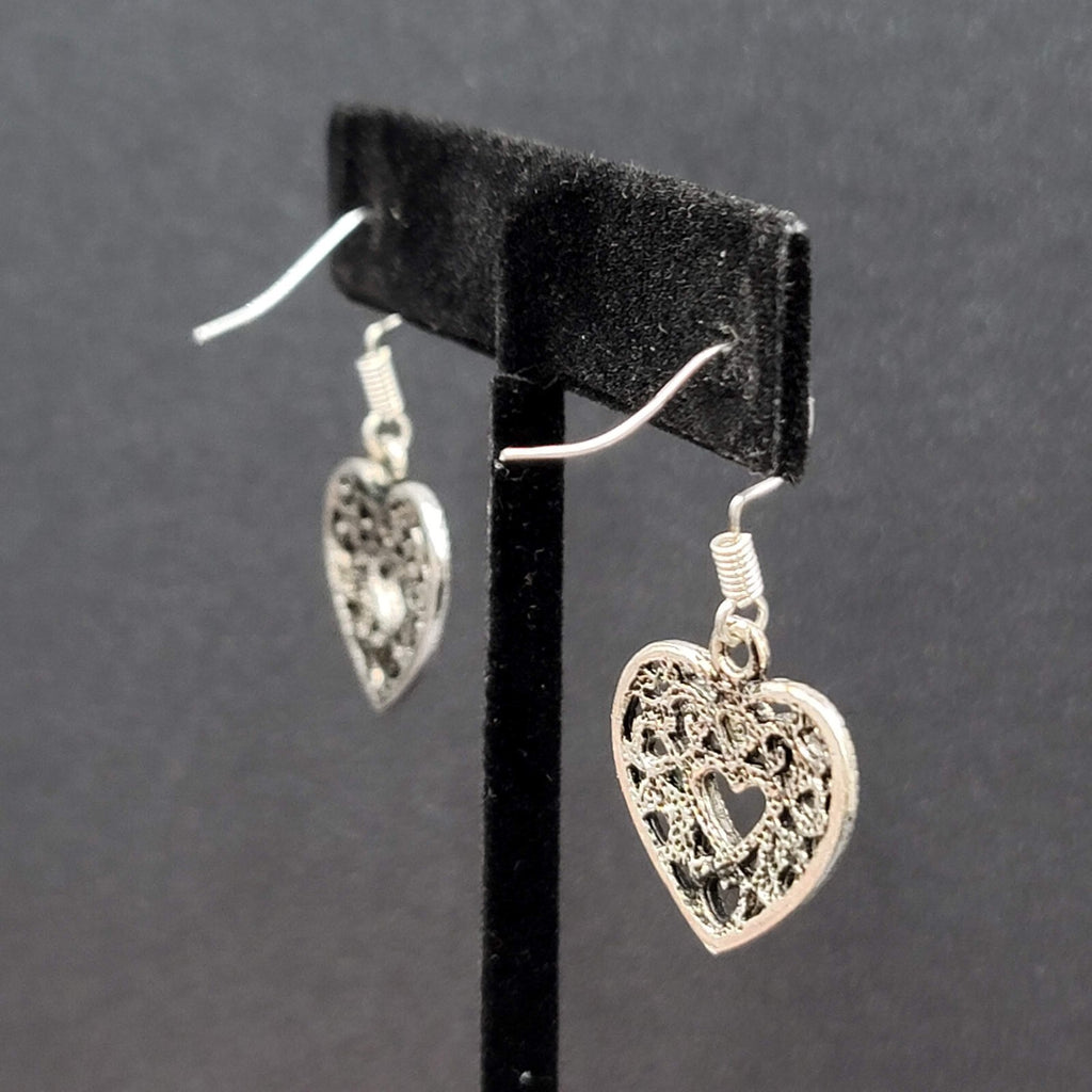 Heart Pierced Earrings Open Work Silver tone Dangle 3/4"