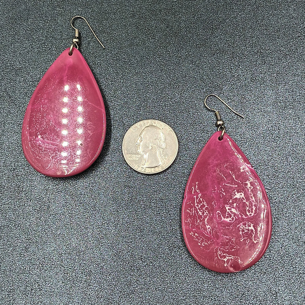 Pierced Earrings Pink Swirl Acrylic Teardrop Silver tone Hook Dangle 2 1/4"
