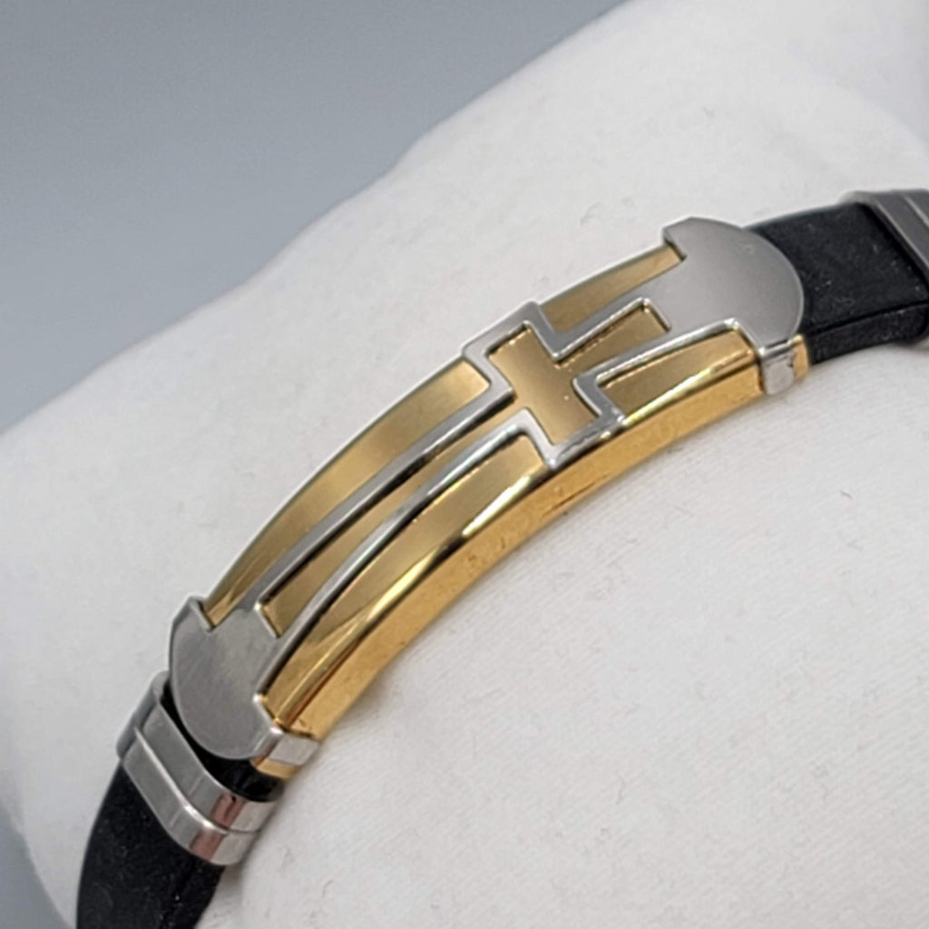 Mens Cross Bracelet Black Leather Gold and Silver tones 7.5"