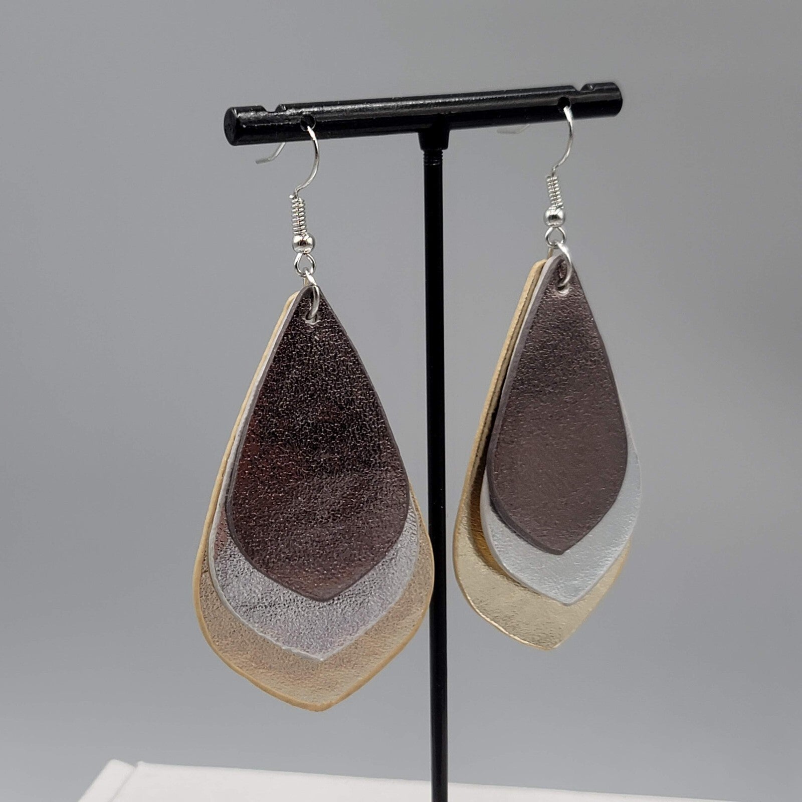 Pierced Earrings Triple Layer Faux Leather Metallic Dangle 2.5"