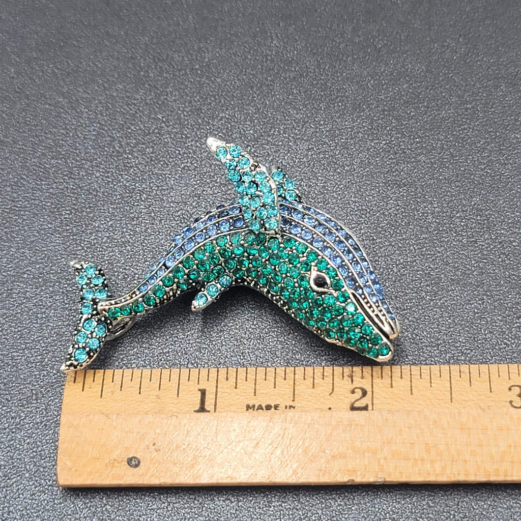 Crystal Rhinestone Brooch Blue Whale Sea life Silver tone 2"