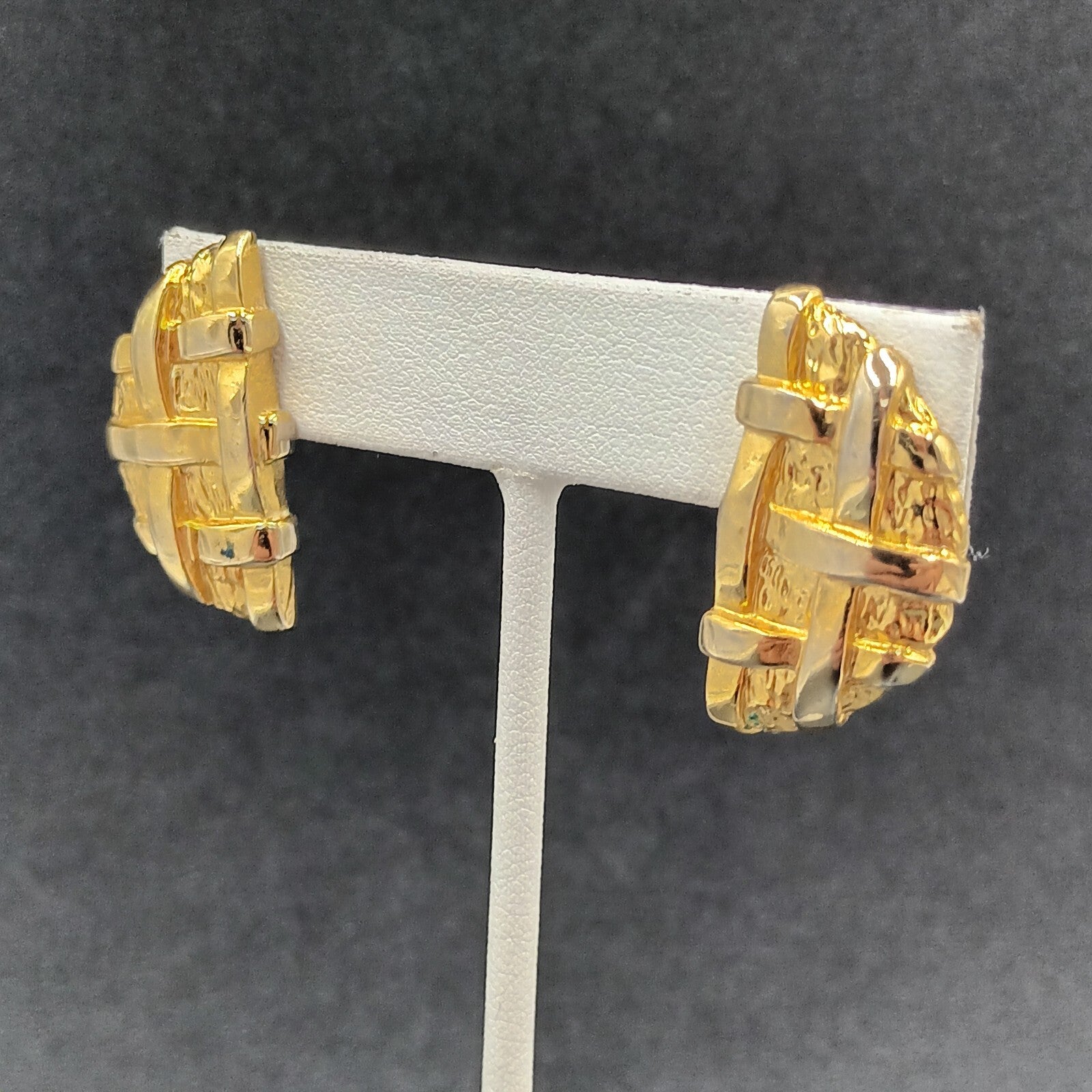 Vintage Pierced Earrings Gold Plate Lattice Textured Half Circle Drop 1 1/8"