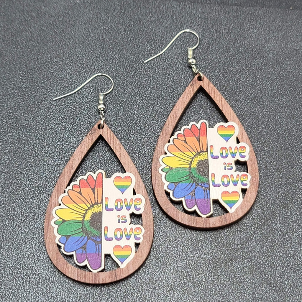 New PRIDE Love is Love Pierced Earrings Rainbow Wood Teardrop Dangle 2.25"