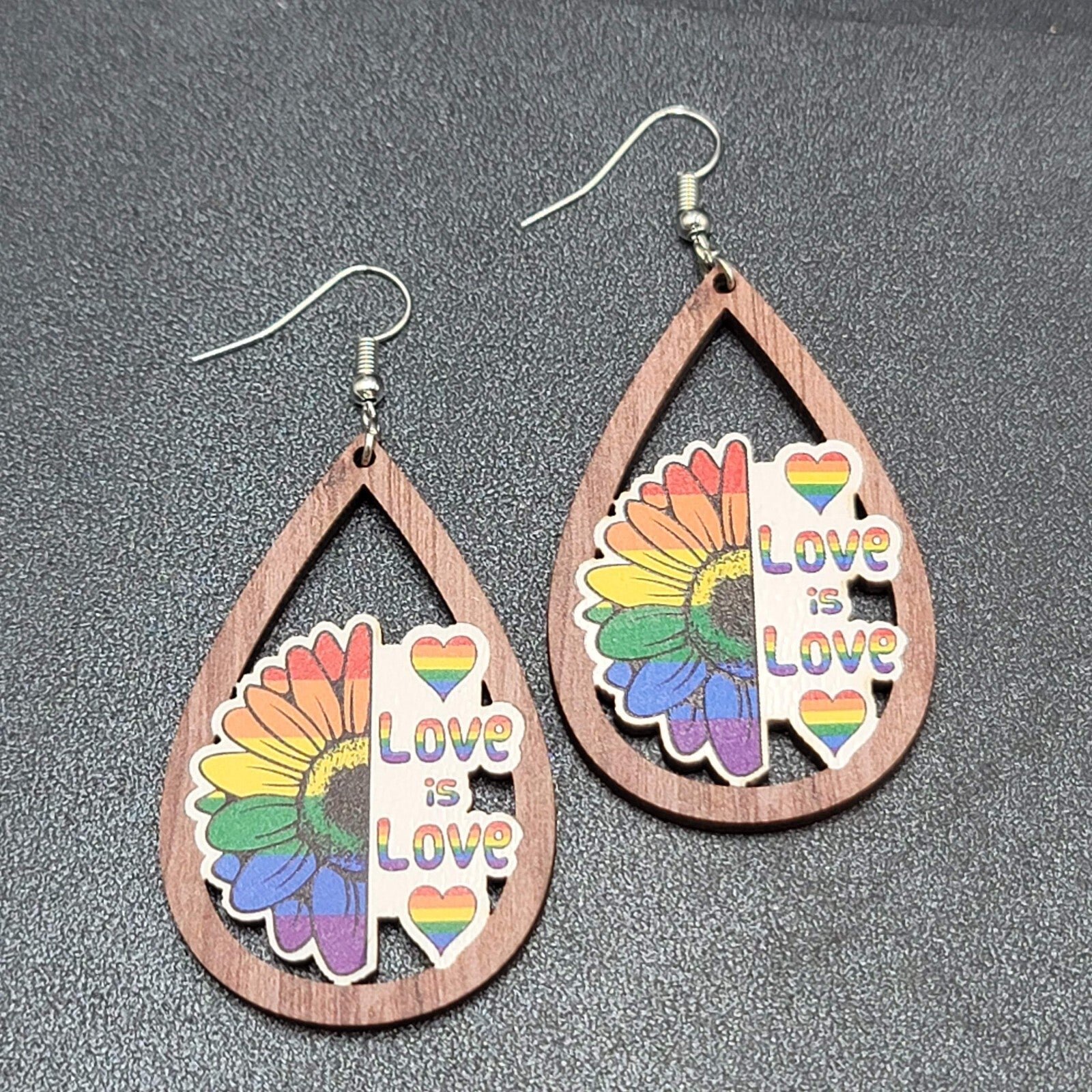 New PRIDE Love is Love Pierced Earrings Rainbow Wood Teardrop Dangle 2.25"