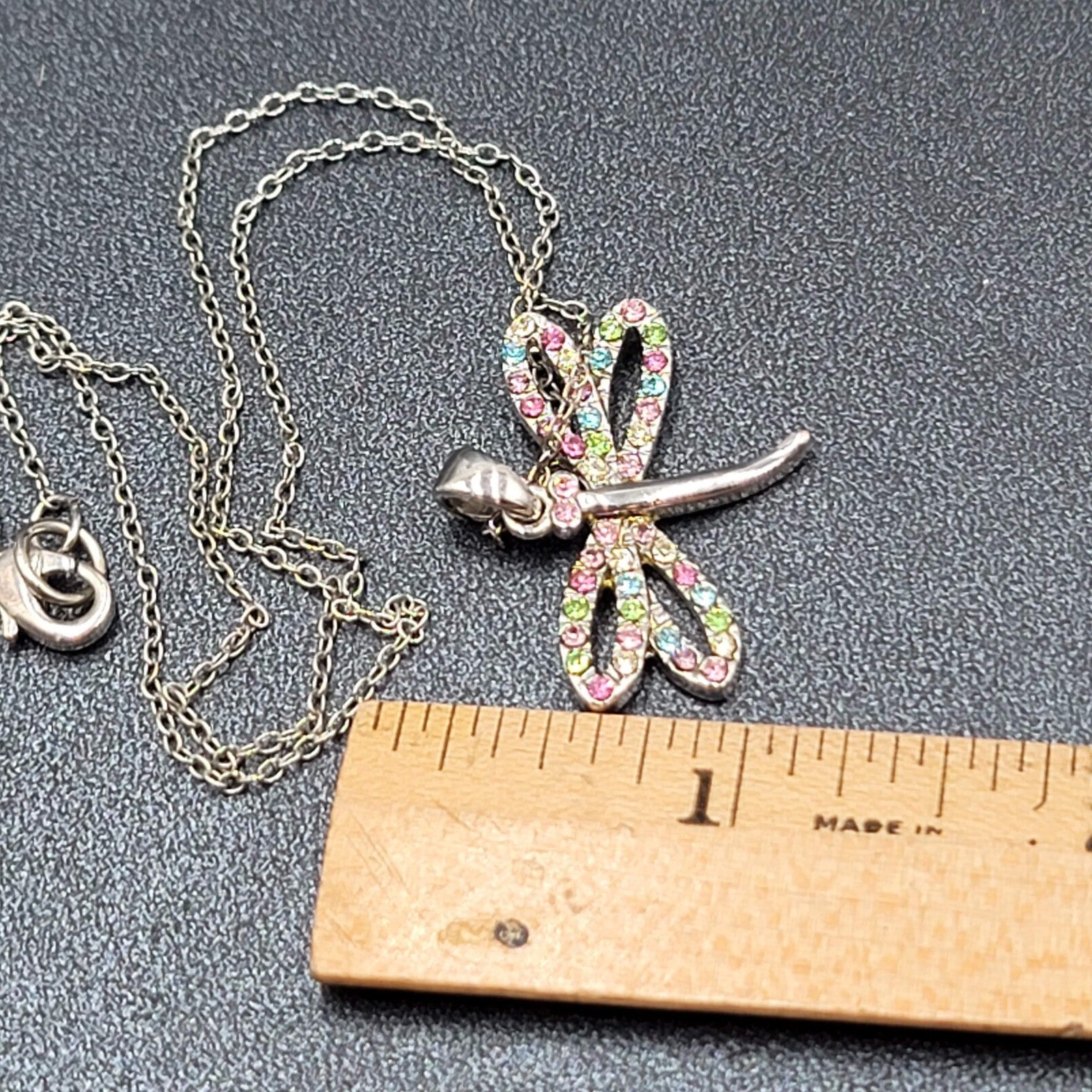 Dragonfly Necklace Multicolor Crystal Pendant Silver tone Chain 16"