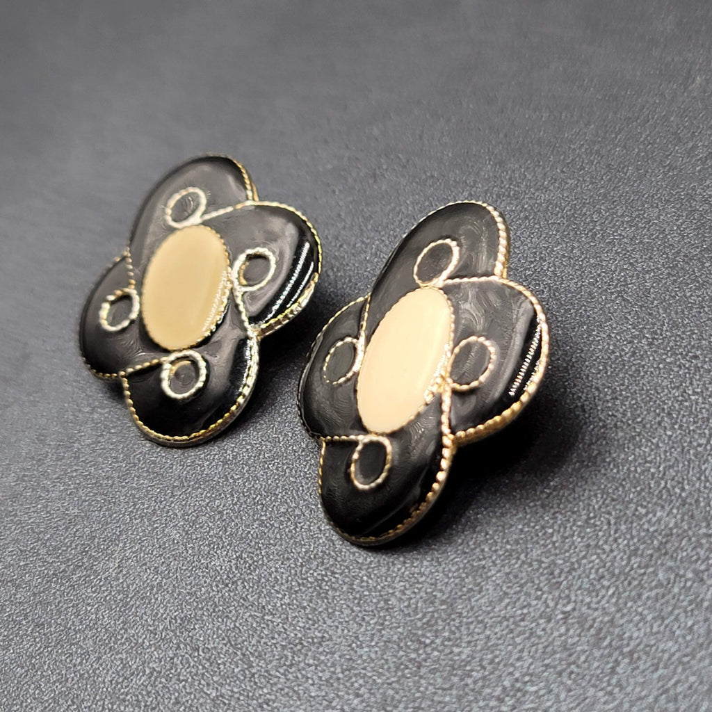 Vintage Pierced Earrings Black Cream Enamel Large Statement 1.5"