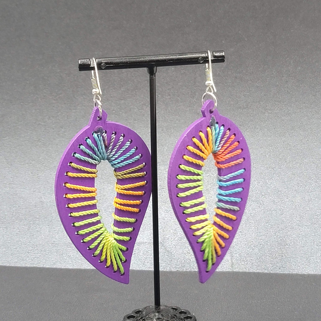 Pierced Earrings Large Purple Wood Leaf Multicolor String Art 3.25" Long