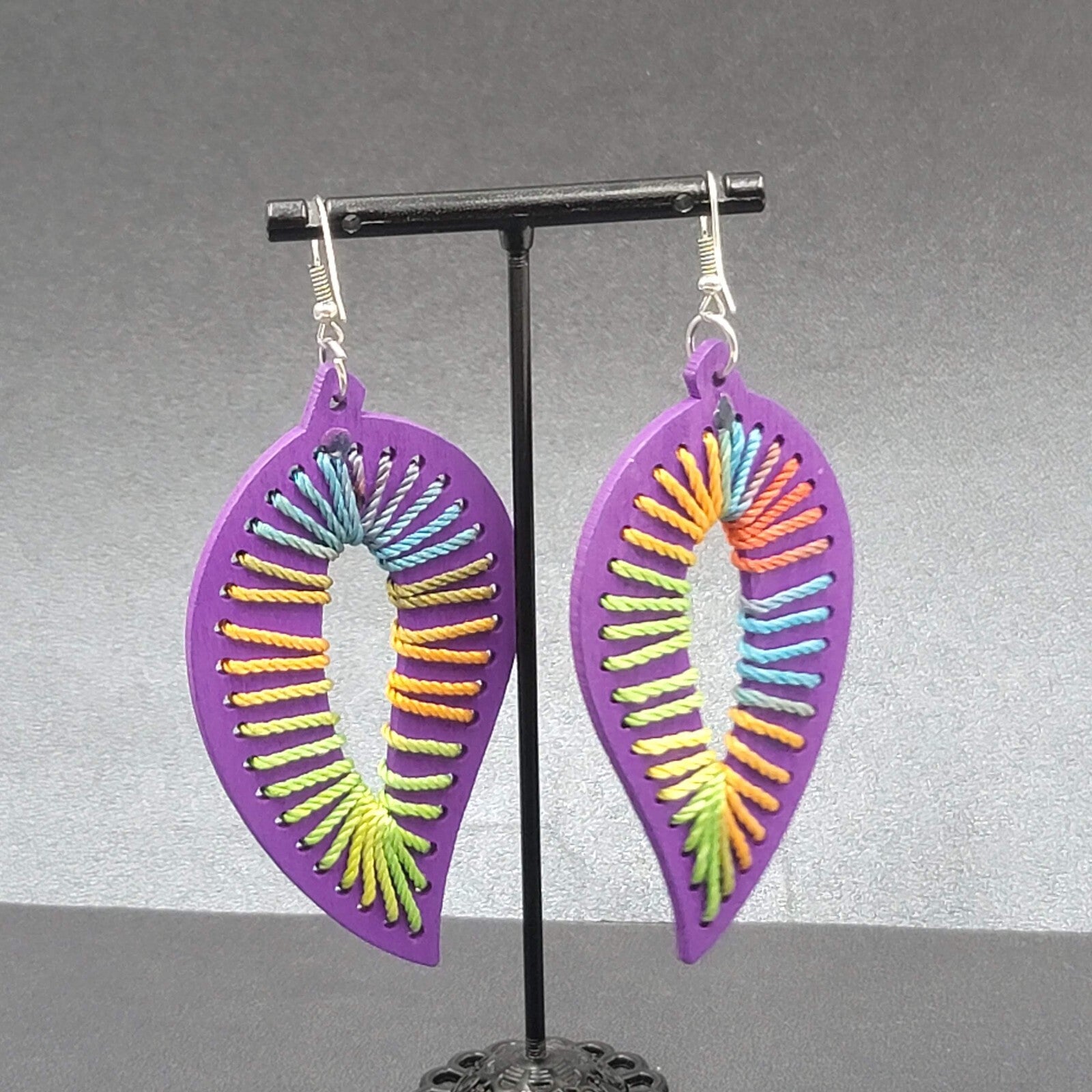 Pierced Earrings Large Purple Wood Leaf Multicolor String Art 3.25" Long