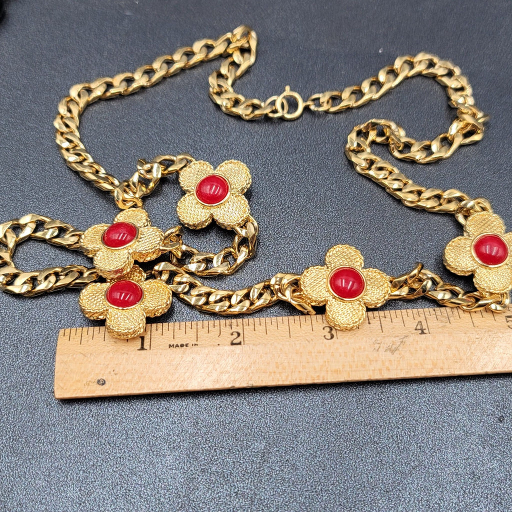 Vintage Heavy Gold Tone Thick Chain Station Red Accents 30"