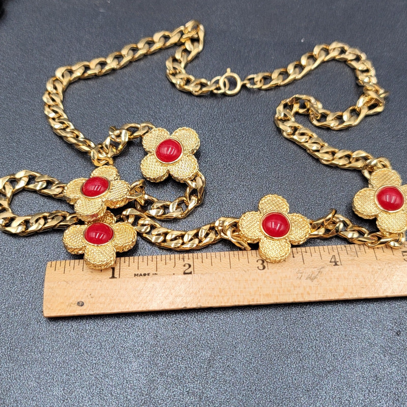 Vintage Heavy Gold Tone Thick Chain Station Red Accents 30"