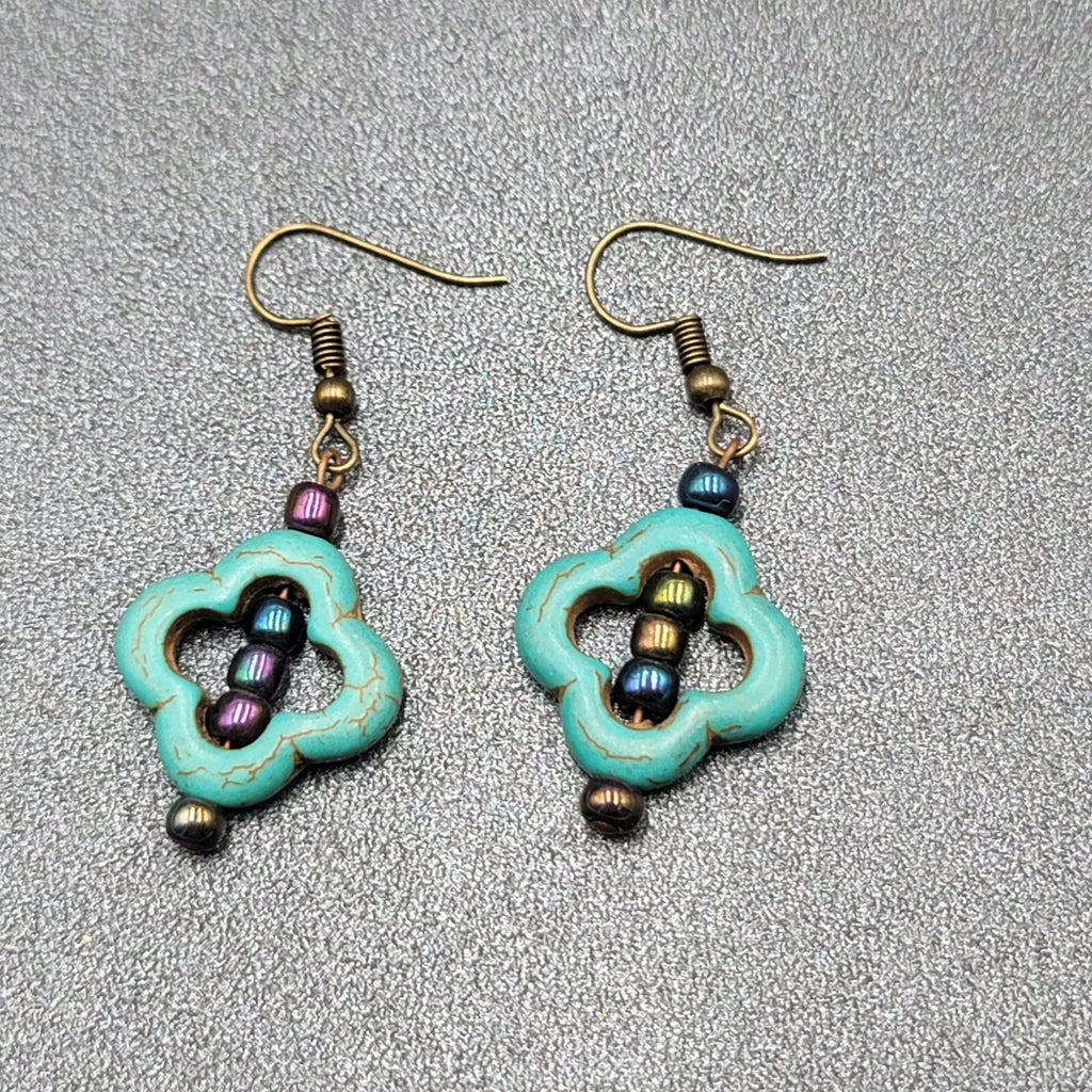 Pierced Earrings Dyed Blue Howlite Open Work Bead Dangle  1 1/8"