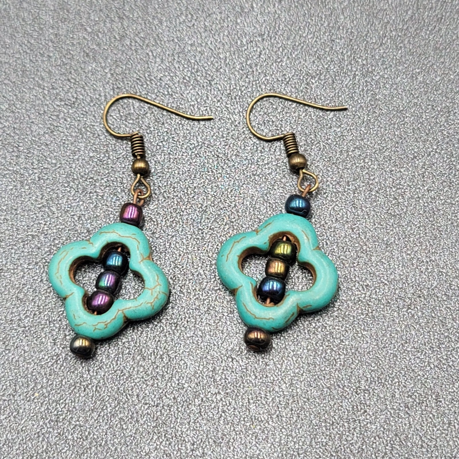 Pierced Earrings Dyed Blue Howlite Open Work Bead Dangle  1 1/8"