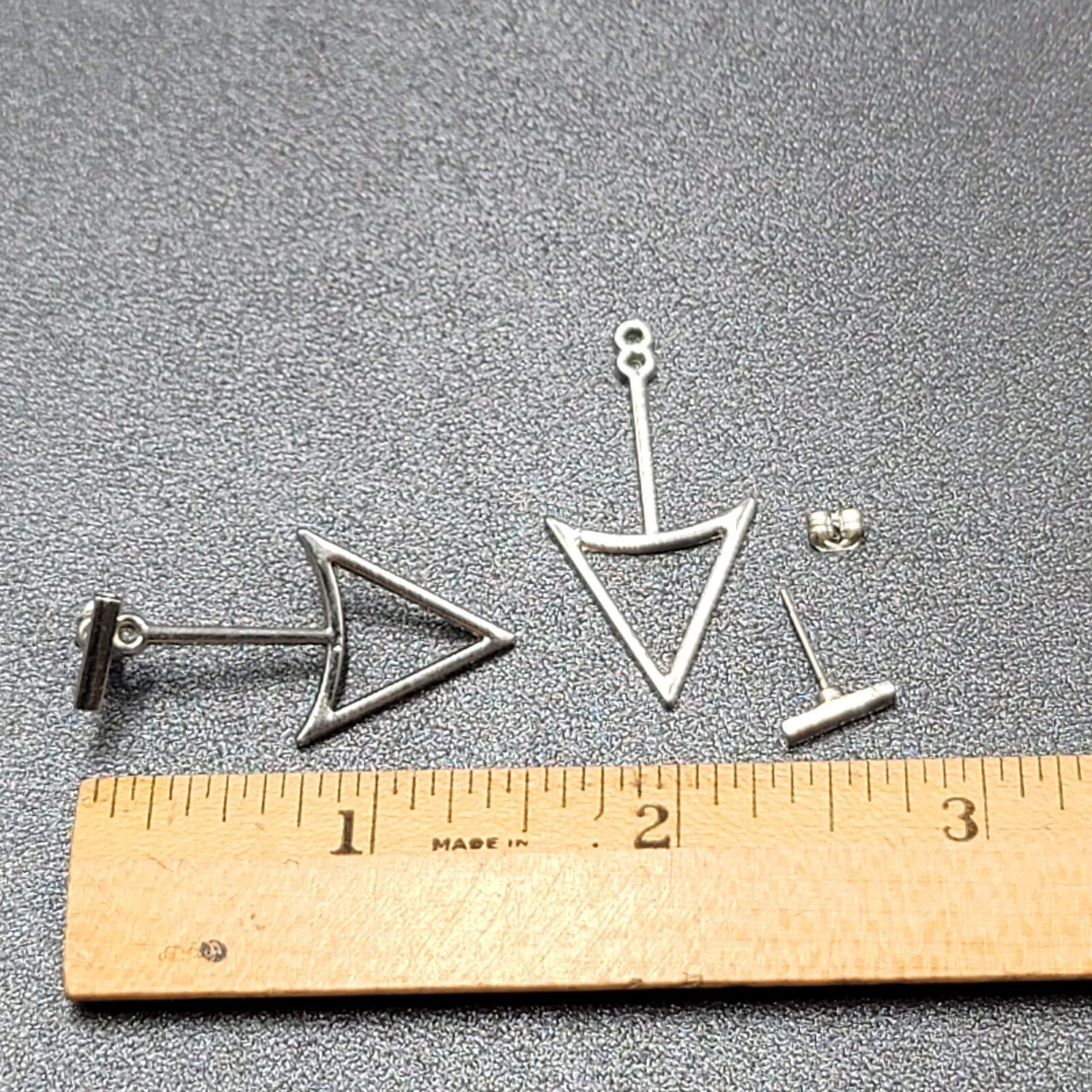 Arrow Triangle Pierced Earrings Silver tone Jacket Dangle 1.5"