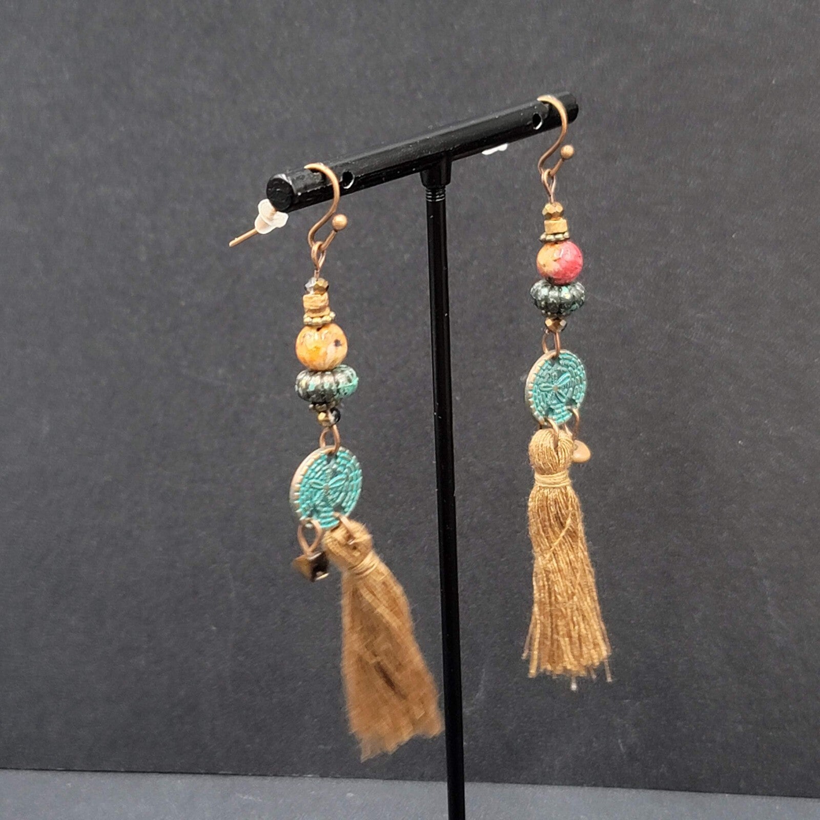 New Boho Pierced Earrings Long Copper tone Brown Tassel Beaded 3"