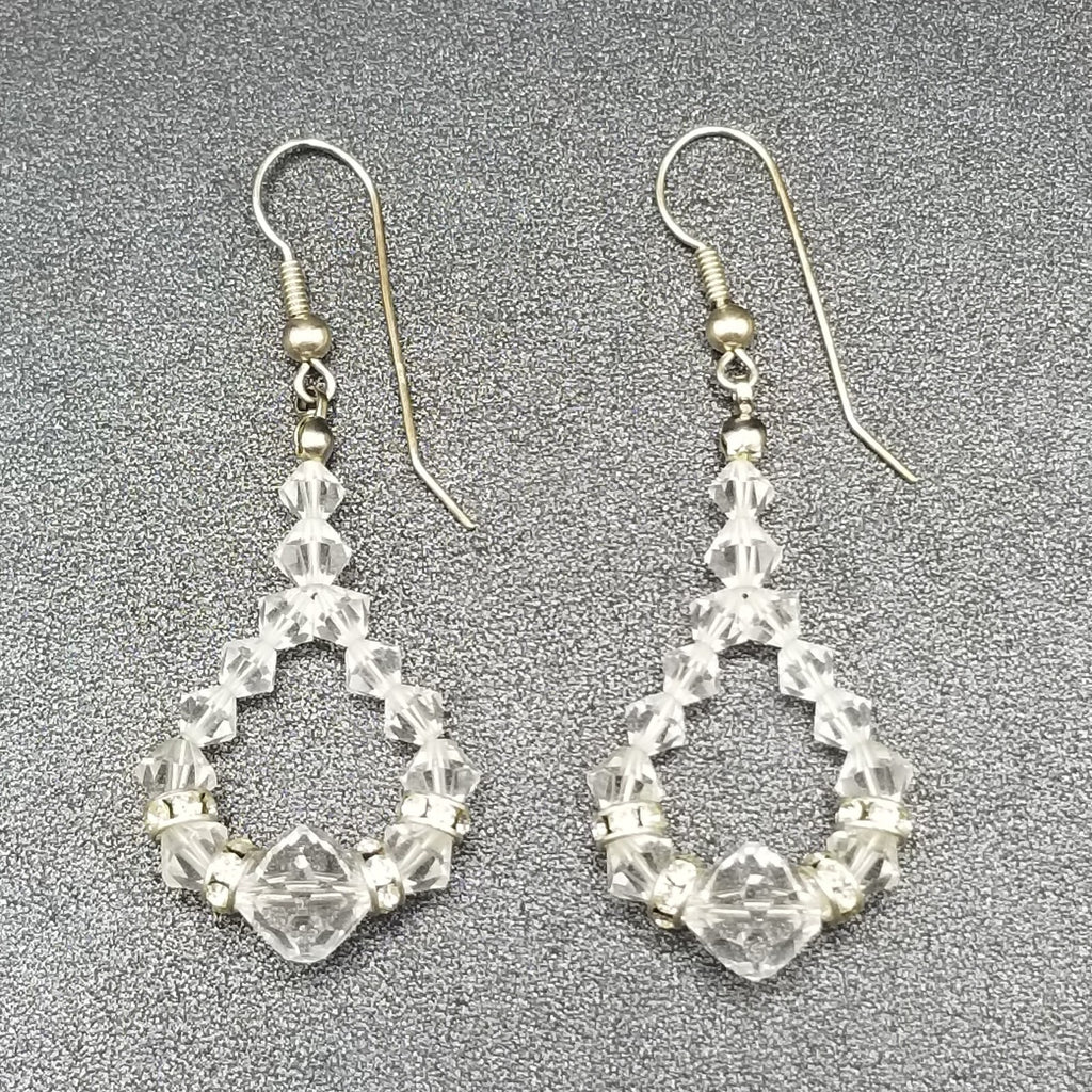 Pierced Earrings Silver tone Faceted Crystal Bead Loop Statement Dangle 1 5/8"