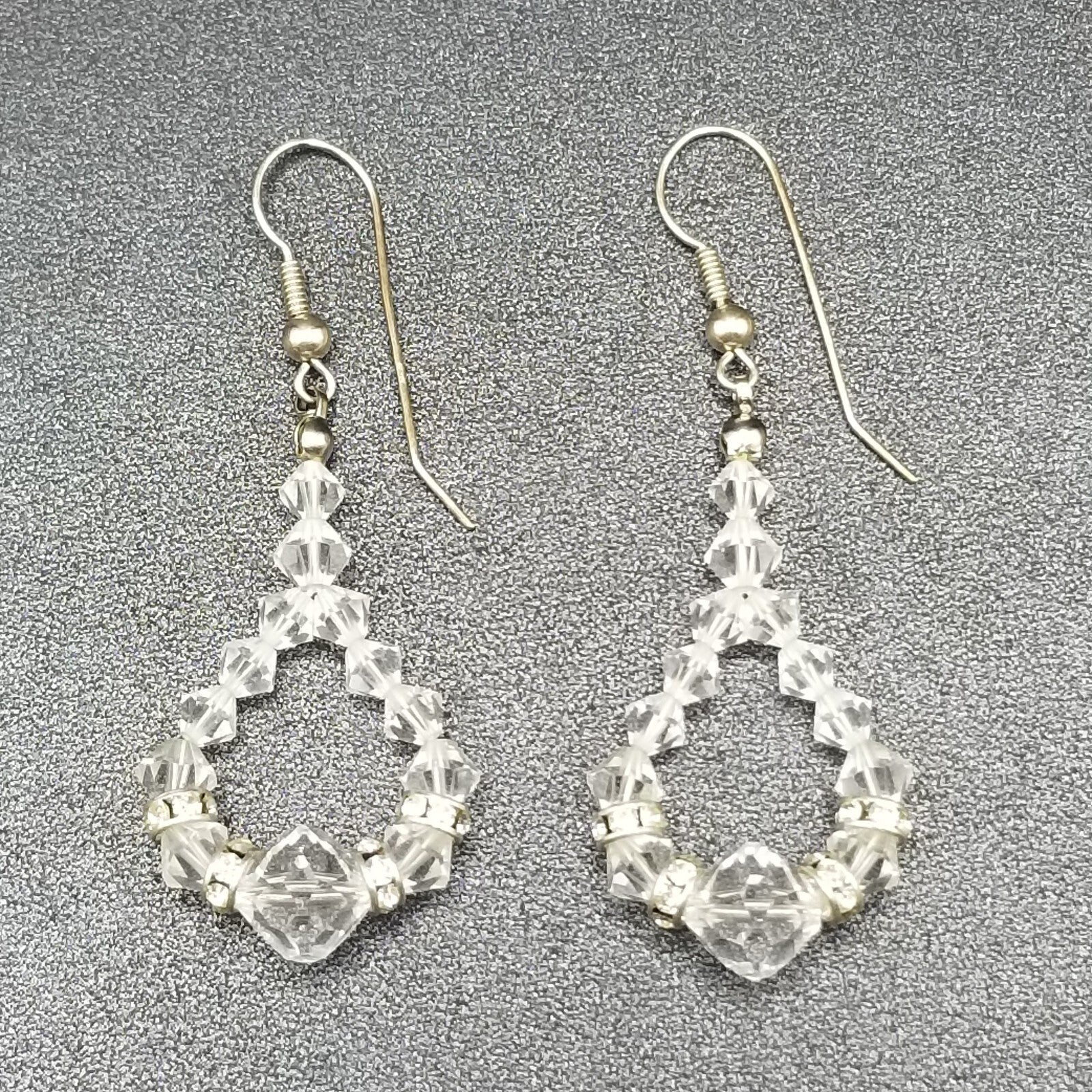 Pierced Earrings Silver tone Faceted Crystal Bead Loop Statement Dangle 1 5/8"
