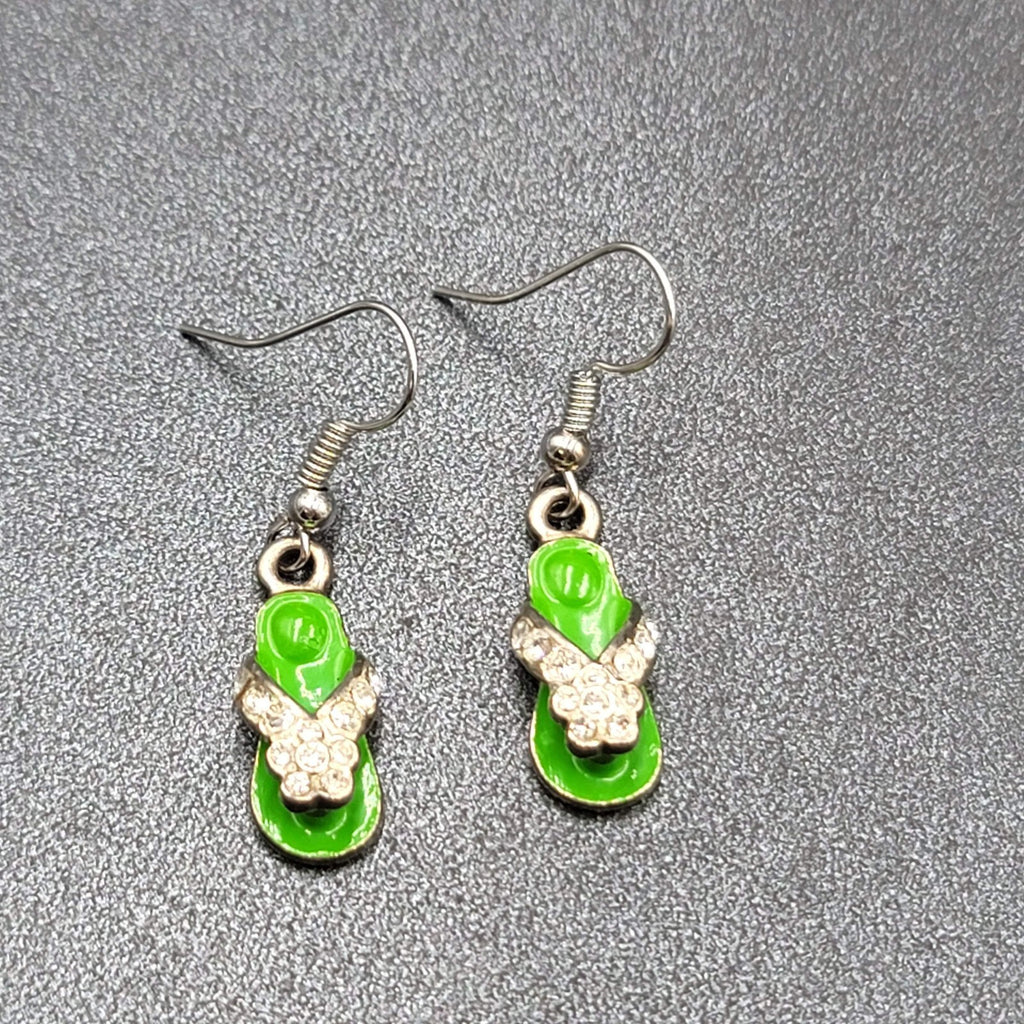 Pierced Earrings Green Enamel Flip Flop Rhinestone Dangle 1"