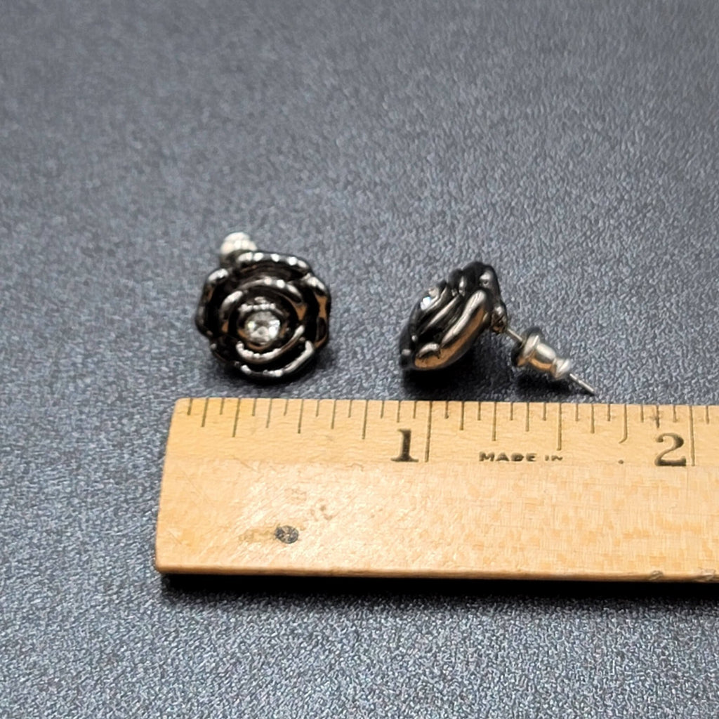 Pierced Earrings Black Metal Rose Flower Studs Crystal Center 1/2"