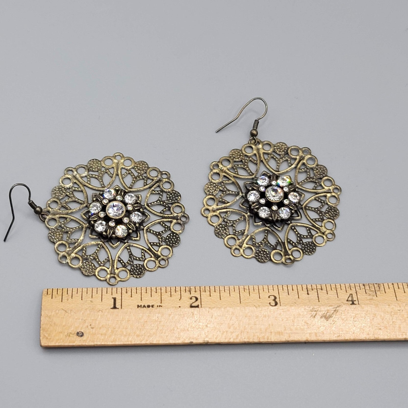 Pierced Earrings Bronze tone Large Metal Filigree Rhinestone Center Boho 1.75"
