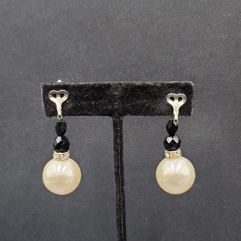 Vintage Clip on Earrings Black White Dangle Beads 1.5"
