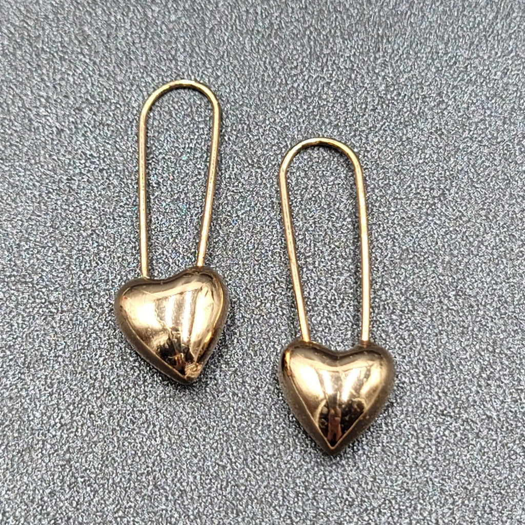 Pierced Earrings Gold Plated Pink Heart Dangle Loops 1 3/8"