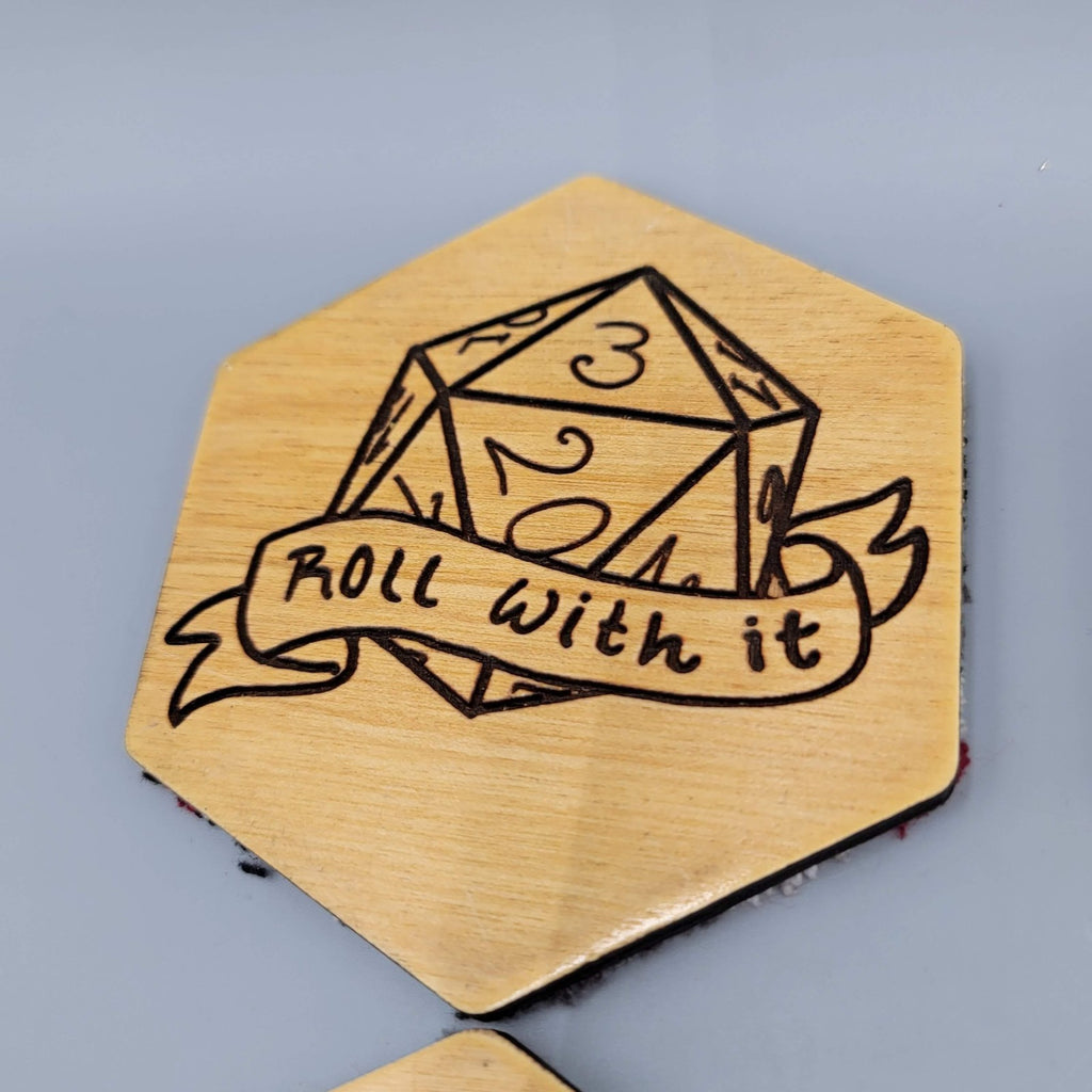 DND Dice Wooden Coaster Set Tabletop RPG Crit Happens Roll With It Natural Gift