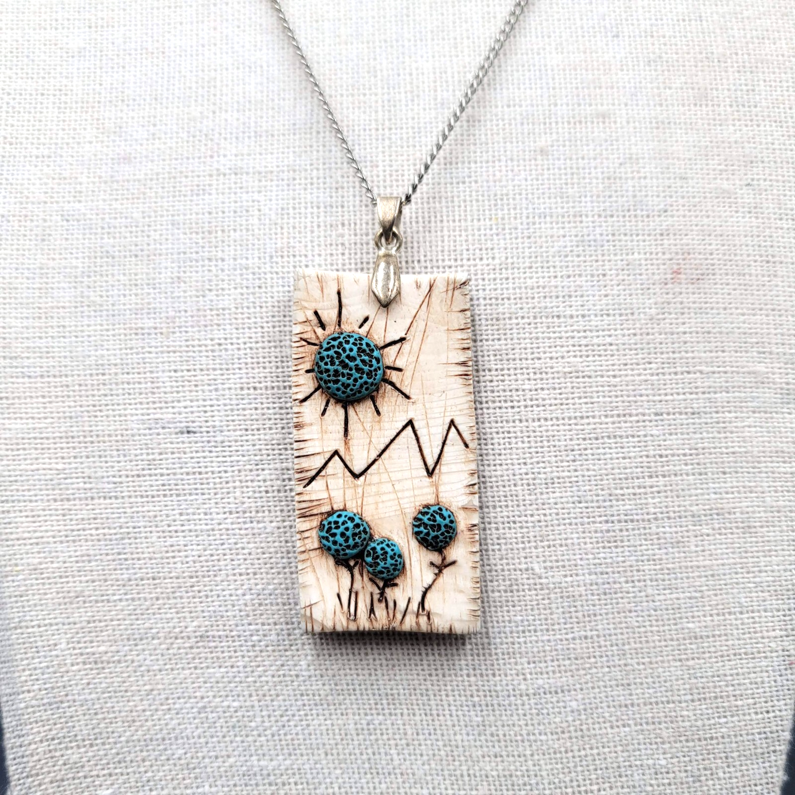 Artisan Hand Made Wood Burning Pendant Necklace Flowers Mountains Silver tone 18