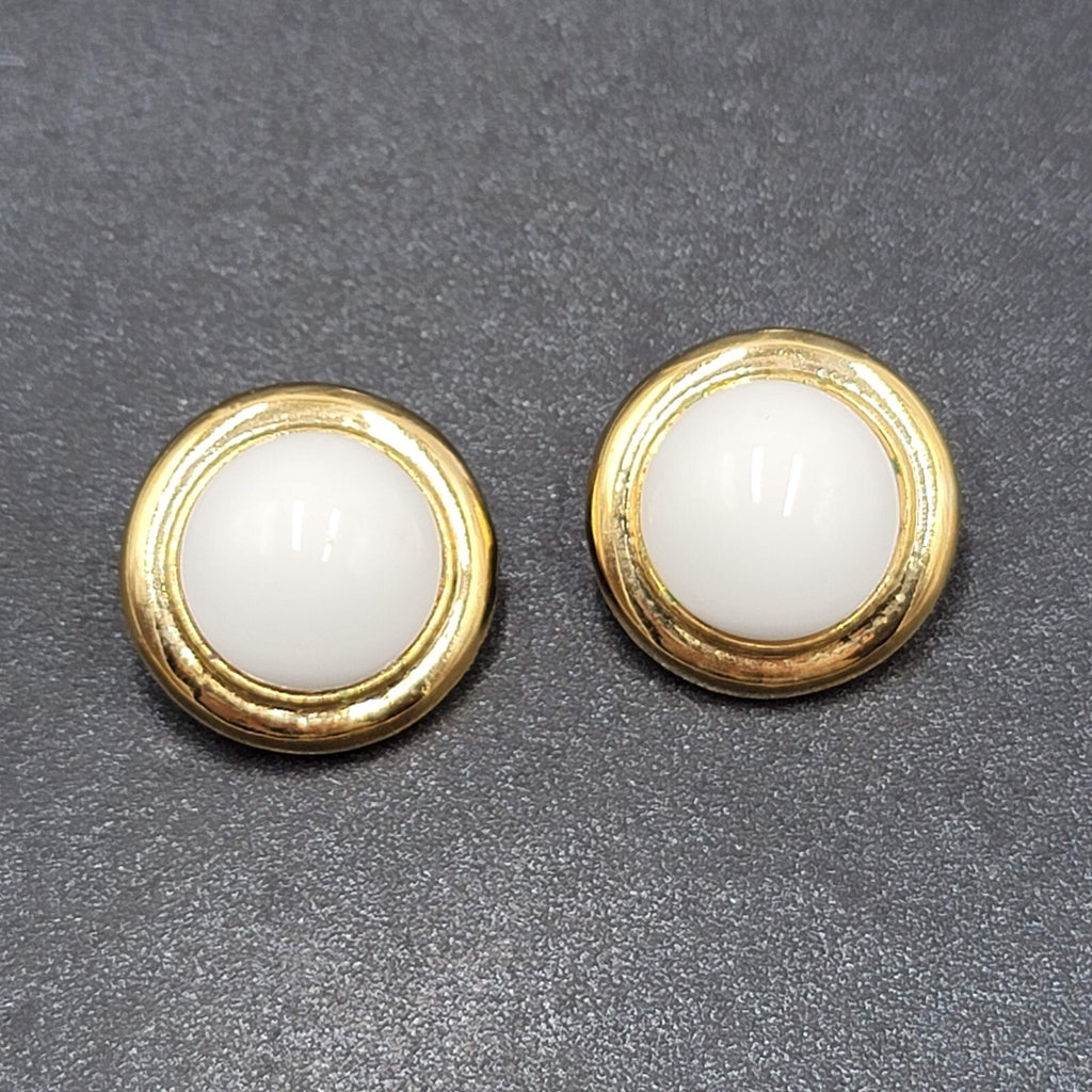 Vintage Clip on Earrings Gold tone White Acrylic Dome Drop Studs 1"