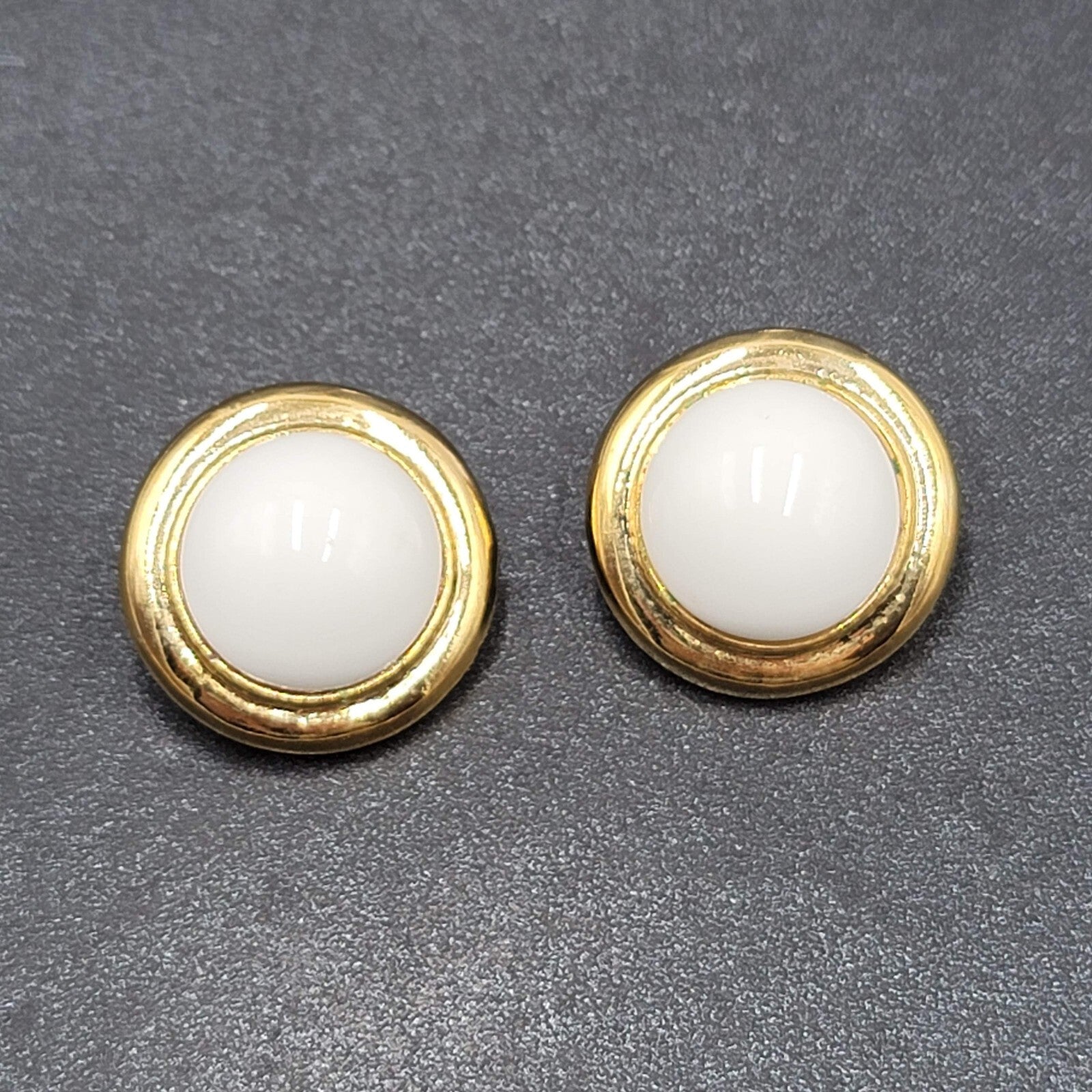 Vintage Clip on Earrings Gold tone White Acrylic Dome Drop Studs 1"